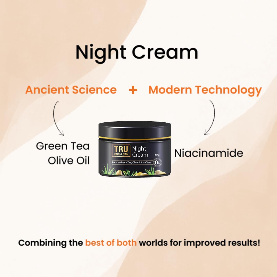 TRU HAIR & SKIN Green Tea & Niacinamide Night Cream for Acne Prone Skin - 50g | Fades Acne & Dark Spots | Hydrating Anti-Aging Face Moisturizer | Perfect for Nighttime Skincare Routine