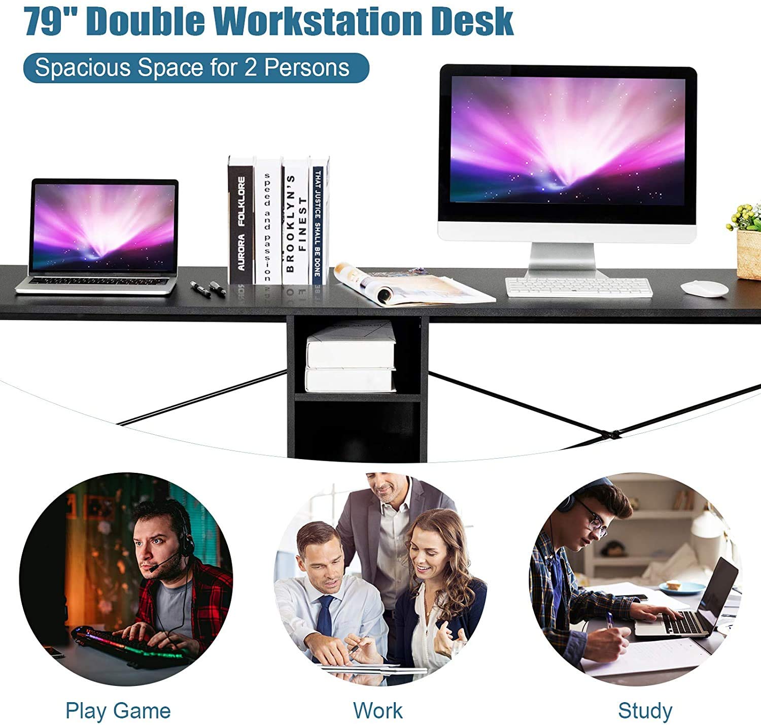 2-Person Computer Desk with Storage | Large Home Office Writing Table | Adjustable Foot Pads & Stable Gaming Workstation | Easy to Clean Black Study Desk for Home Office, Gaming & Remote Work