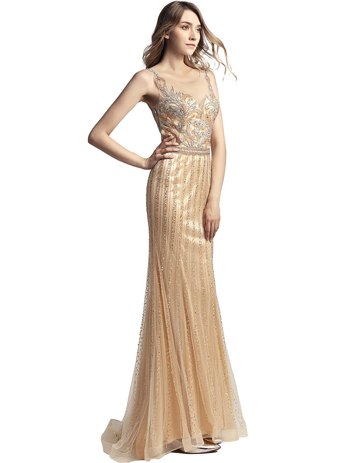 Sarahbridal Women's Champagne Beaded Tulle Prom Dress - Elegant Long Formal Evening Gown for Pageants, Parties, and Special Occasions | Perfect for Homecoming, Quinceañera, and Wedding Guest Attire