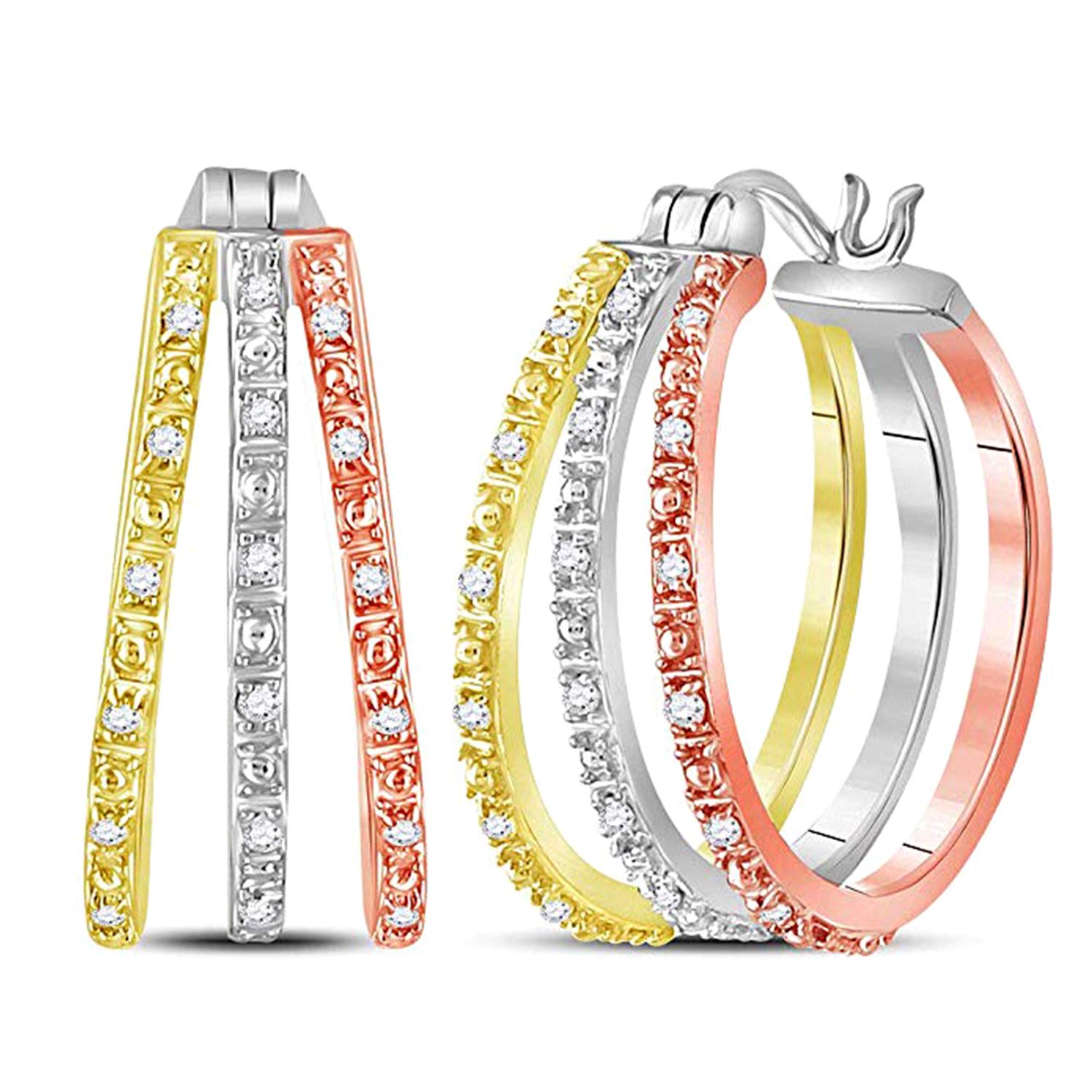 14K Tri-Tone Gold Women's Round Diamond Triple Hoop Earrings 1/5 CTTW - Elegant Jewelry for Parties, Weddings & Everyday Wear