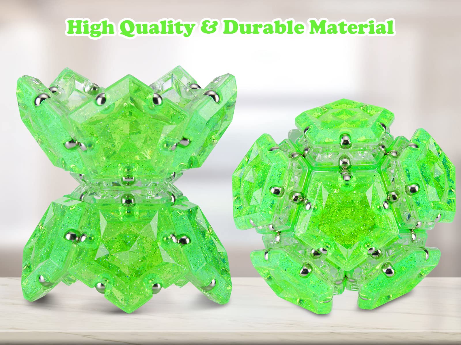 Holographic Glitter Magnetic Fidget Sphere - 12pc Sensory Magnet Toys Set for Adults - Stress Relief Desk Toy for Office, Home & Travel - Bright Green Creative Fidgeting Gadget