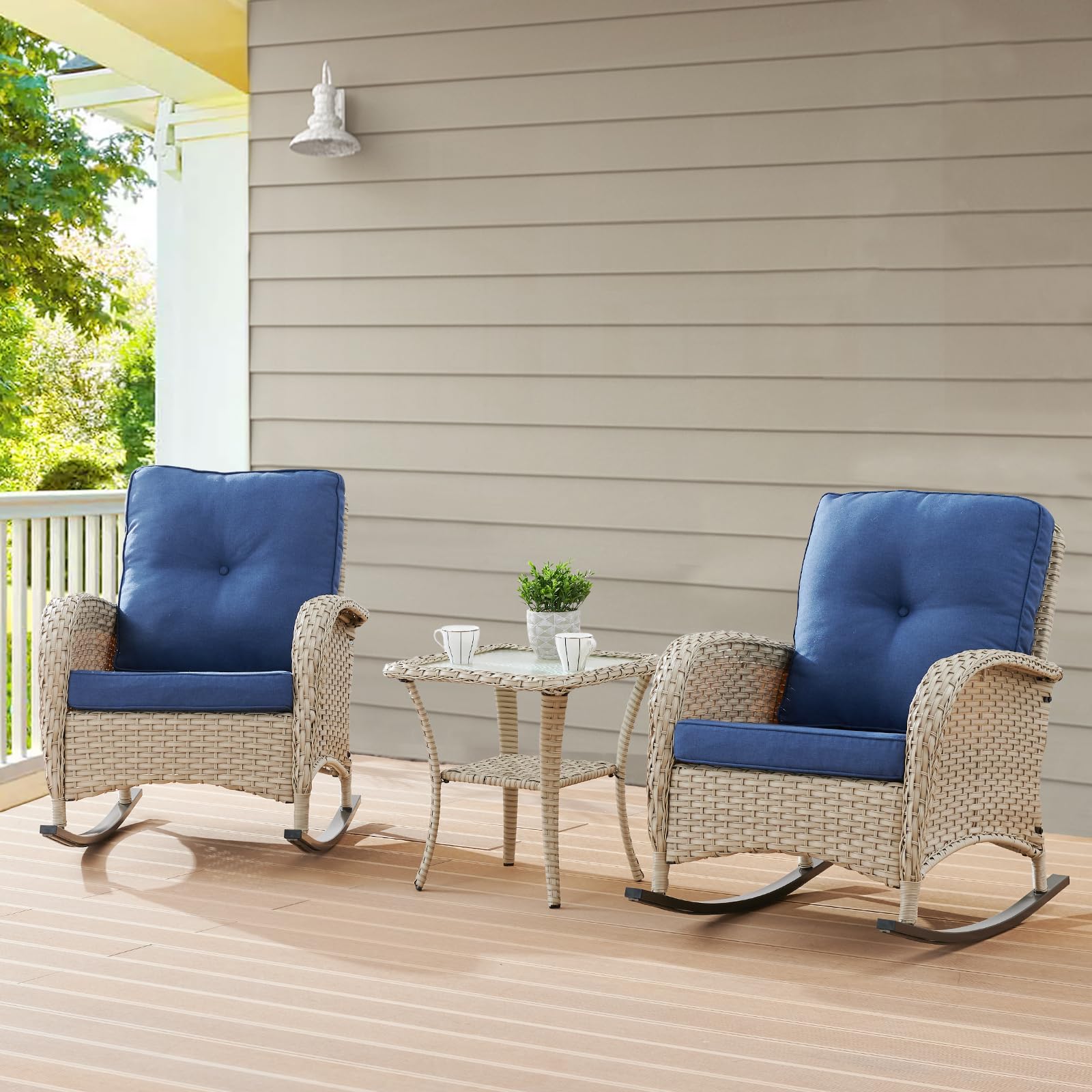 2-Piece Wicker Rocking Chair Set for Porch & Patio - Outdoor Rocking Chairs with Cushions & Side Table | Perfect for Backyard Relaxation, Garden Lounging & Front Porch Sitting