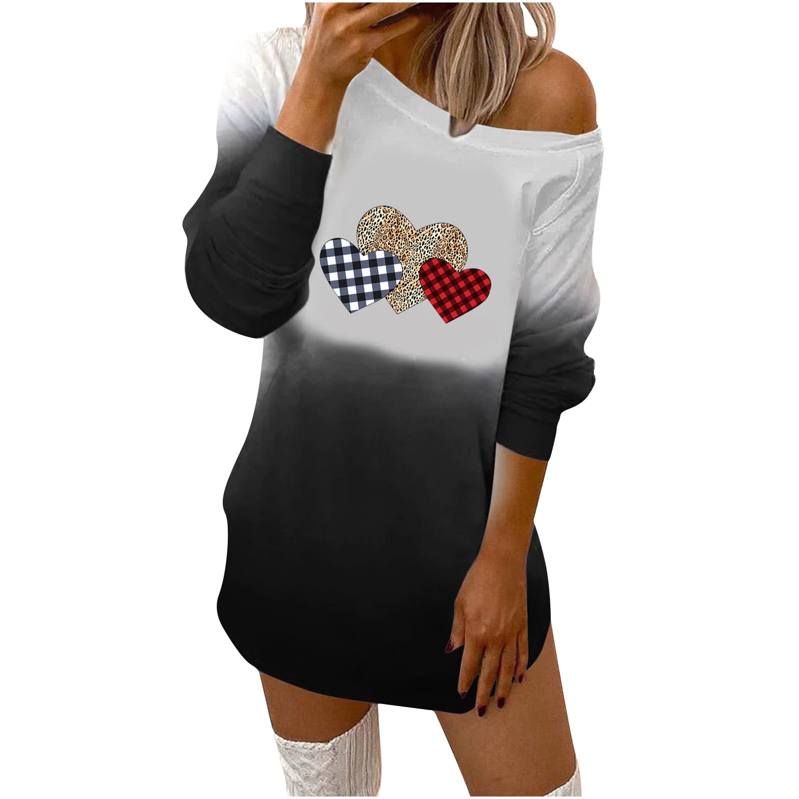Sexy Off Shoulder Plaid Heart Sweatshirt Dress for Women - Long Sleeve Mini Pullover Dress for Valentine's Day, Date Night & Romantic Occasions