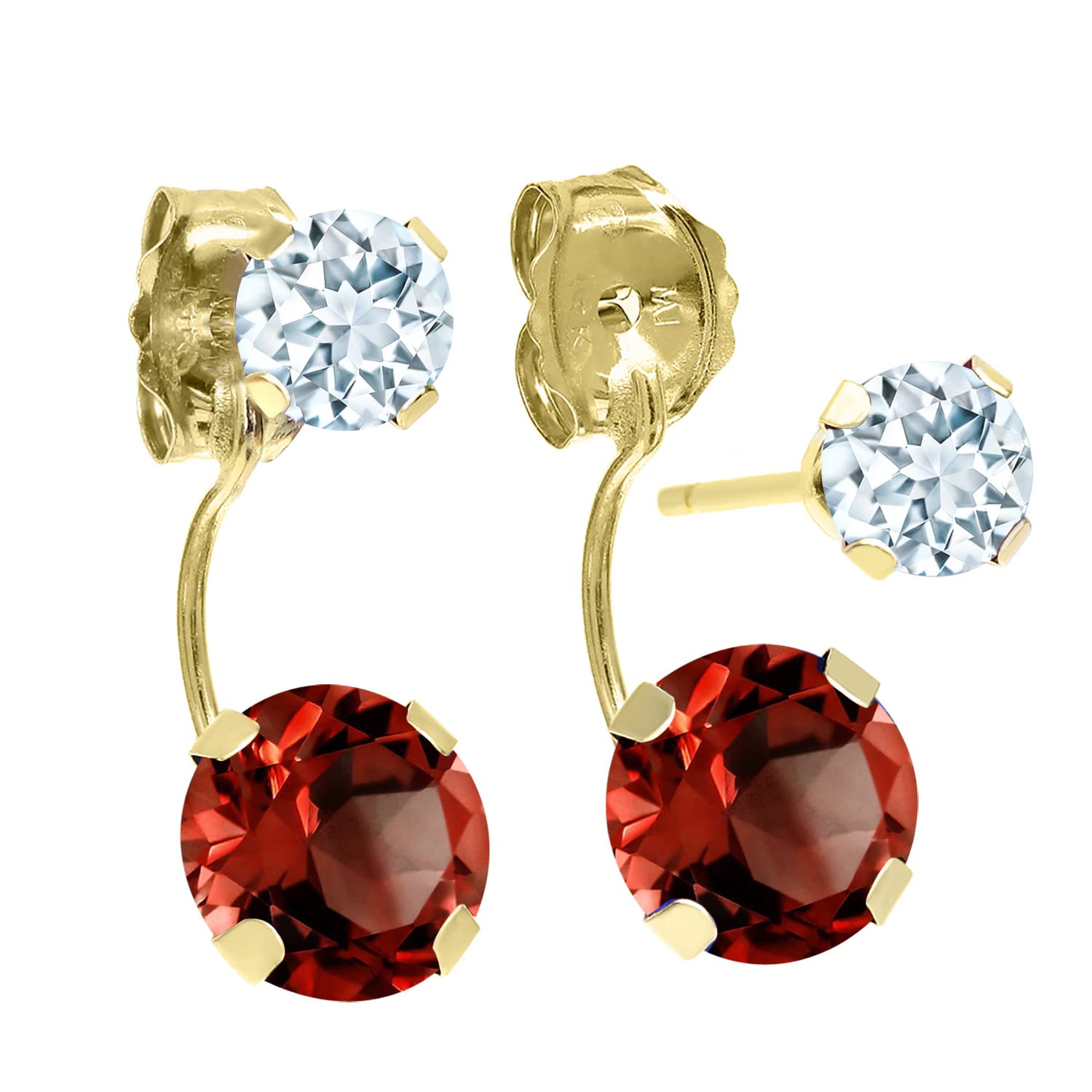 2.50 Ct Natural Red Garnet & Sky Blue Aquamarine 14K Yellow Gold Earrings for Women - Gem Stone King | Elegant Dangle Earrings for Weddings, Parties & Special Occasions