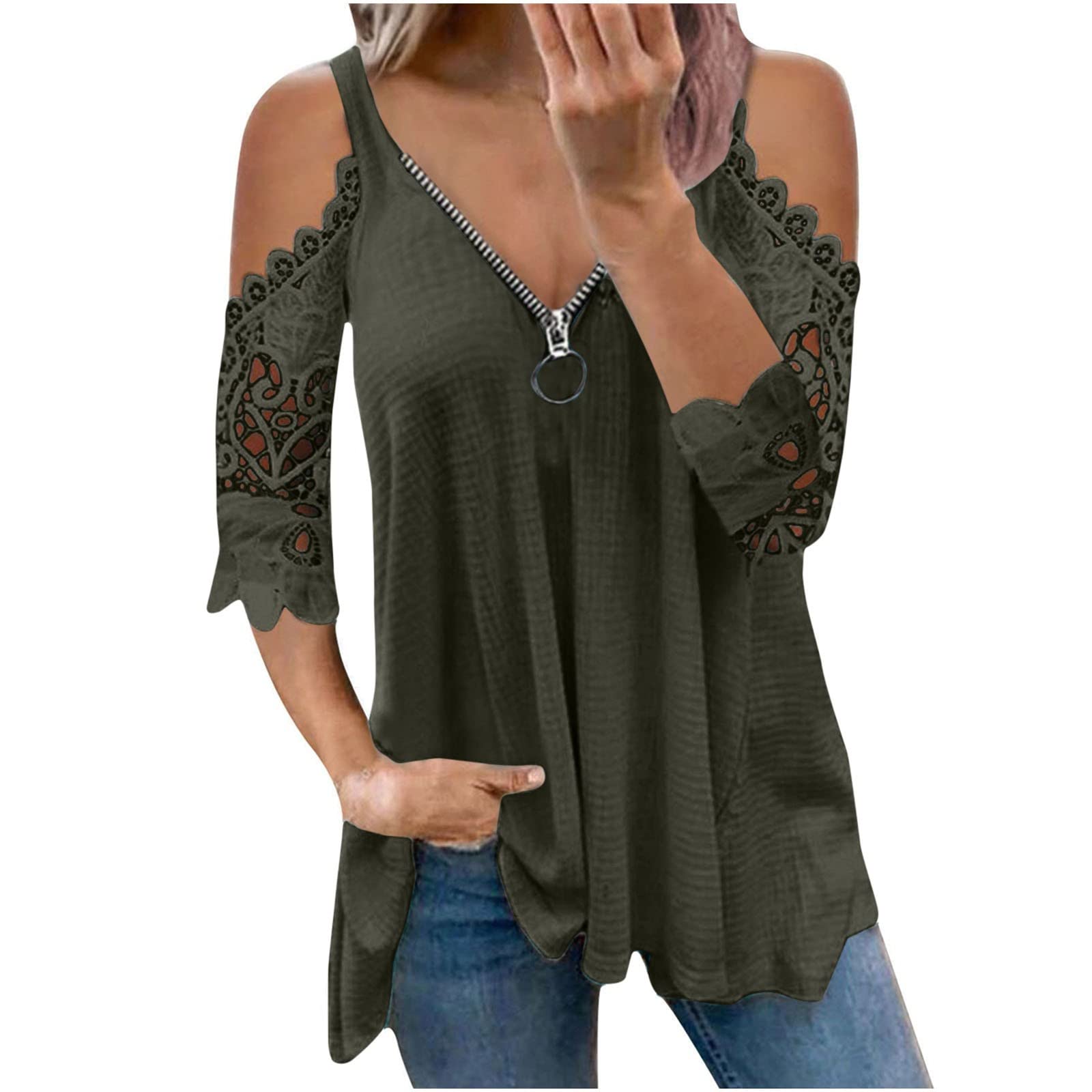 Plus Size Women's Summer T-Shirt Blouse - V Neck Cold Shoulder Lace Half Sleeve Flowy Loose Fit Top with Zipper Detail | Casual Wear, Beach Outfits & Date Night Fashion