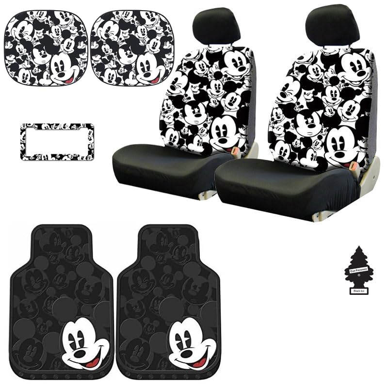 12-Piece Disney Mickey Mouse Car Seat Covers Set - Low Back Sideless Design with Spring Shades, Floor Mats, Lanyard & Air Freshener - Perfect for Cars, SUVs & Road Trips