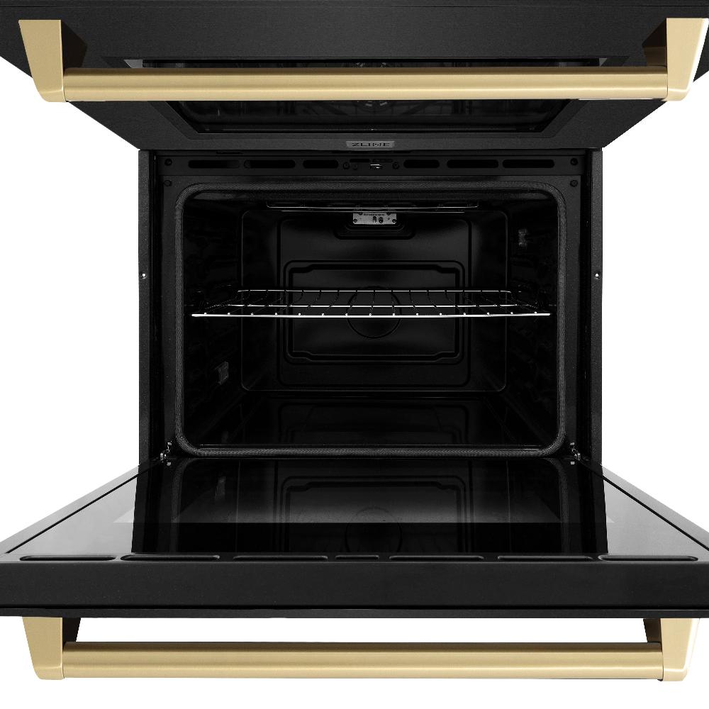 ZLINE Autograph Edition 30-inch Black Stainless Steel Professional Double Wall Oven with True Convection, Air Fry & Self-Clean - Champagne Bronze Handles (WADBZ 30 CB) | Perfect for Home Chefs & Modern Kitchens