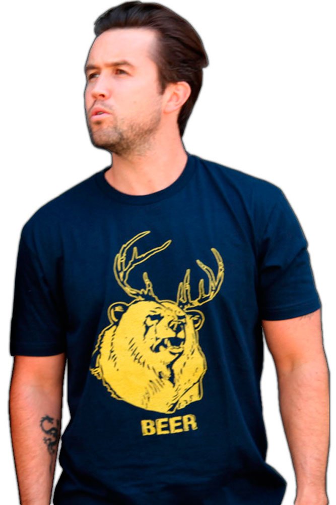 Beer Bear & Deer Print Navy Blue Adult T-Shirt - Casual Graphic Tee for Men, Funny Animal Design Cotton Shirt for Parties, Outings & Gifts