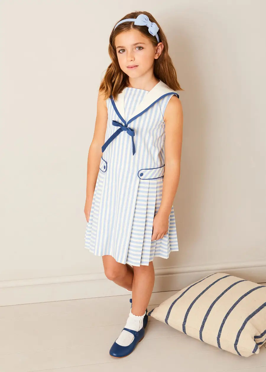 Blue Regency Striped Mariner Collar Pleated Sleeveless Dress for Girls 2-10 Years | Summer Beach Party, Vacation Outfit, Casual Playdate Dress