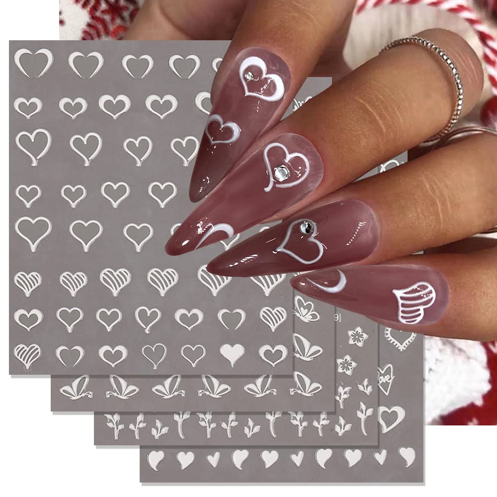 3D Valentine's Day Nail Stickers - White Heart, Love Butterfly & Cherry Blossom Nail Art Decals for Women | Solid & Hollow Heart Designs | Manicure Decor Sheets | Perfect for Romantic Dates, Weddings & Special Occasions (White)