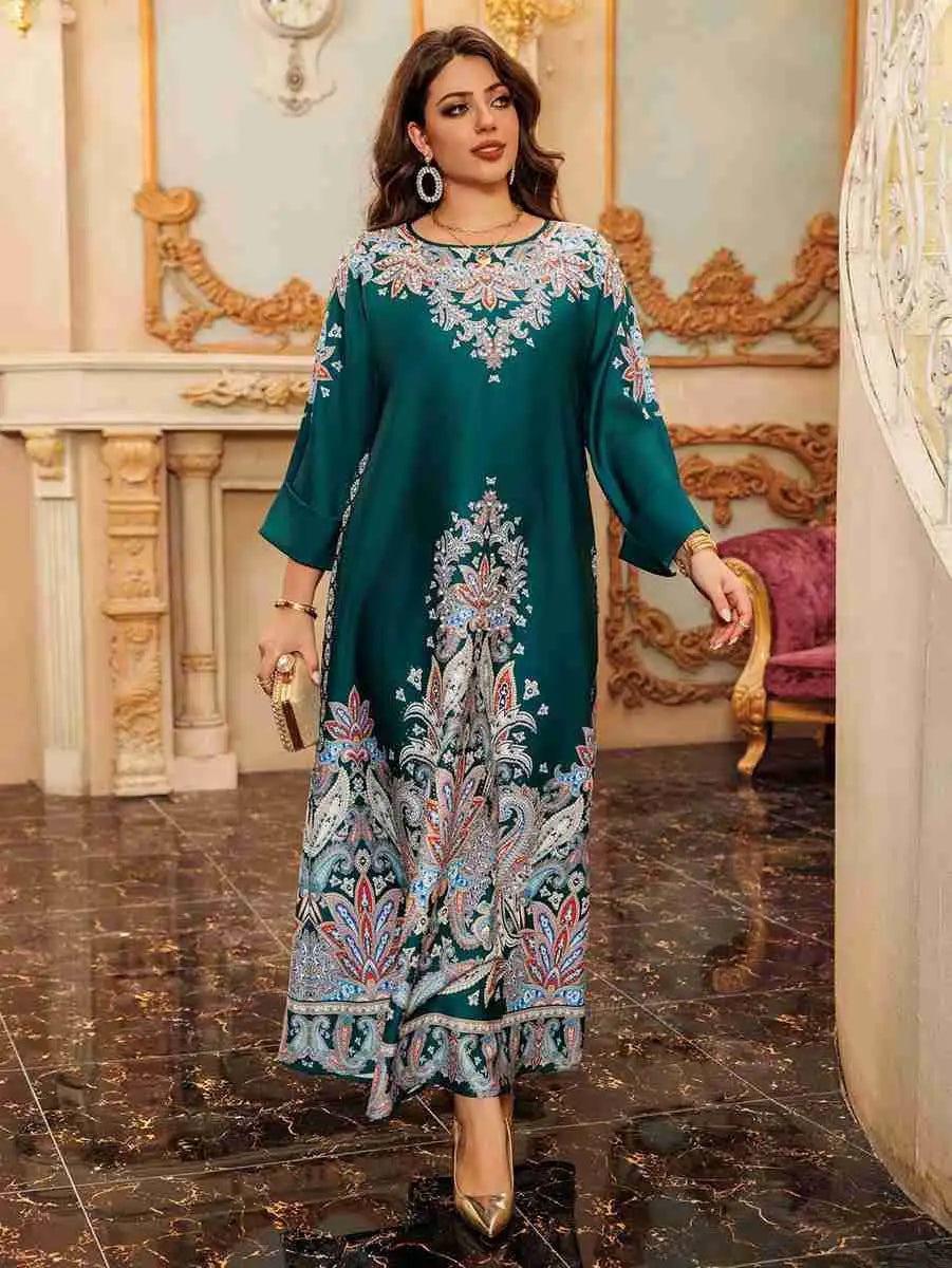 Elegant Hotfix Rhinestone Printed Caftan Kaftan Dress for Women - Perfect for Eid Celebrations, Weddings & Special Occasions