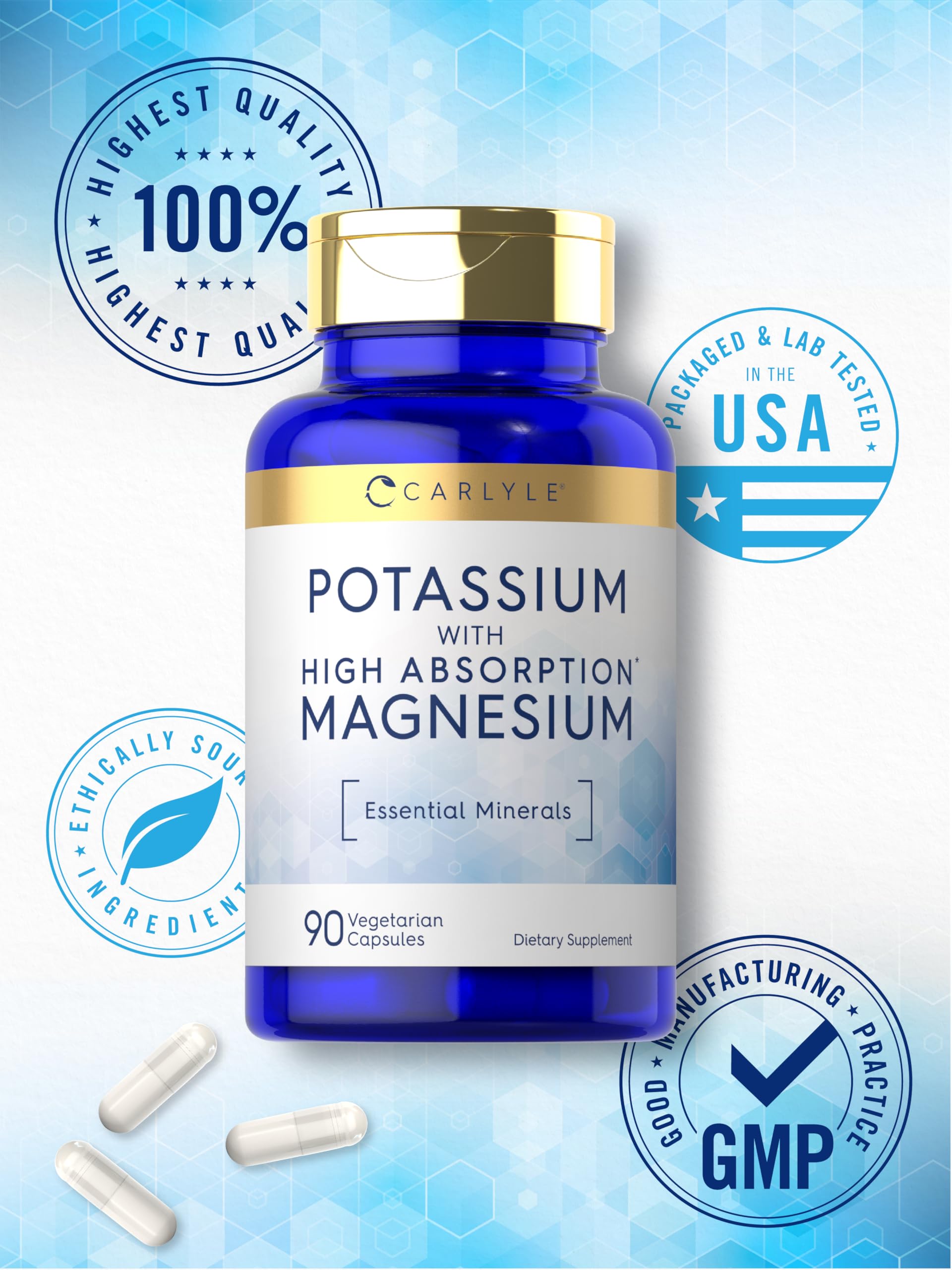 Carlyle Potassium Magnesium Supplement 90 Capsules | High Absorption, Vegetarian, Non-GMO, Gluten Free | Supports Muscle Function, Heart Health & Energy Boost for Active Lifestyles