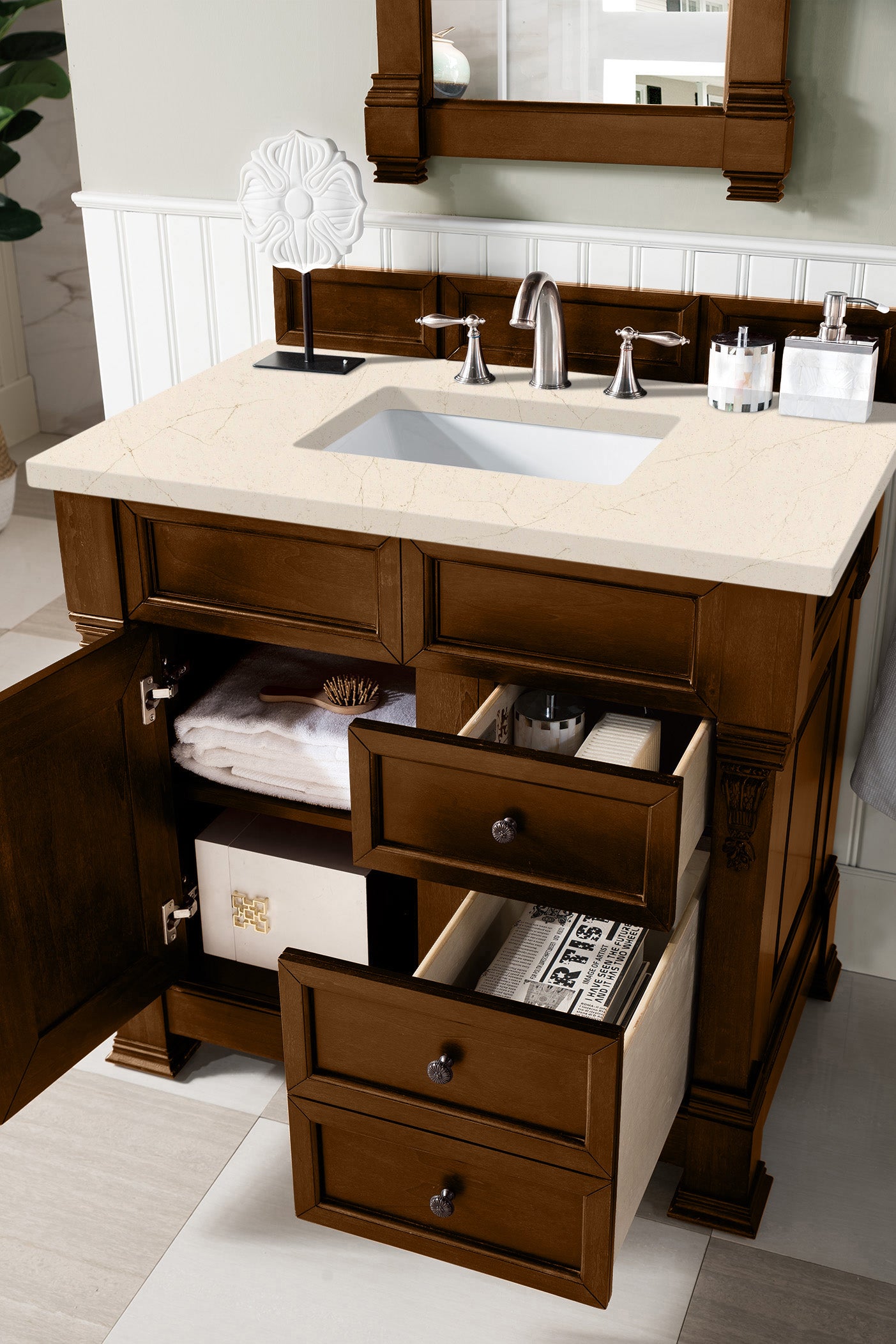 Brookfield 36 Inch Single Bathroom Vanity Set - Country Oak Finish with 3CM Eternal Marfil Quartz Countertop | Perfect for Modern Farmhouse, Rustic & Traditional Bathroom Designs