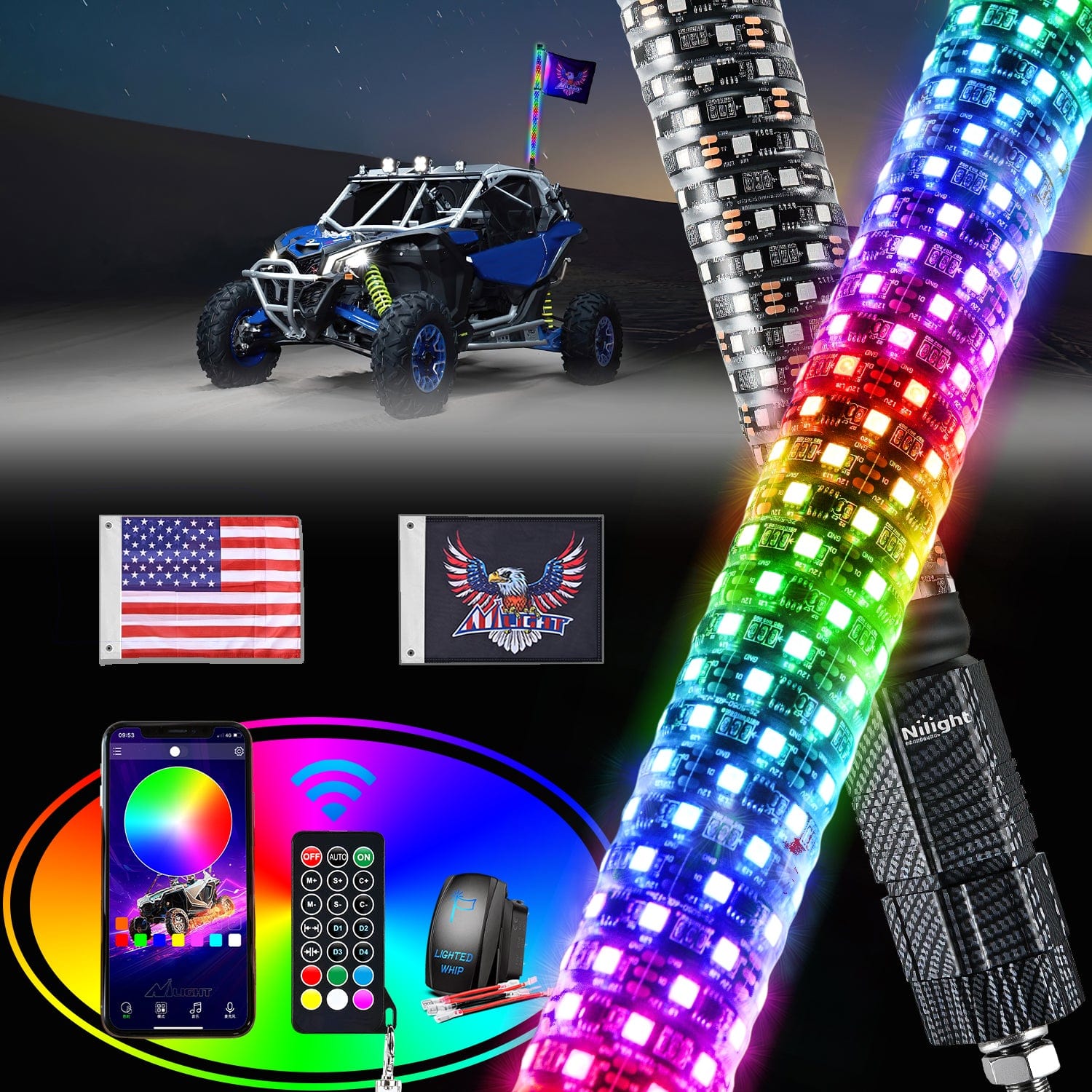 1Pc 3FT Spiral Antenna Bluetooth Remote App Control LED Fat Whip Light - Perfect for Car, Truck, Motorcycle & Off-Road Vehicle Lighting