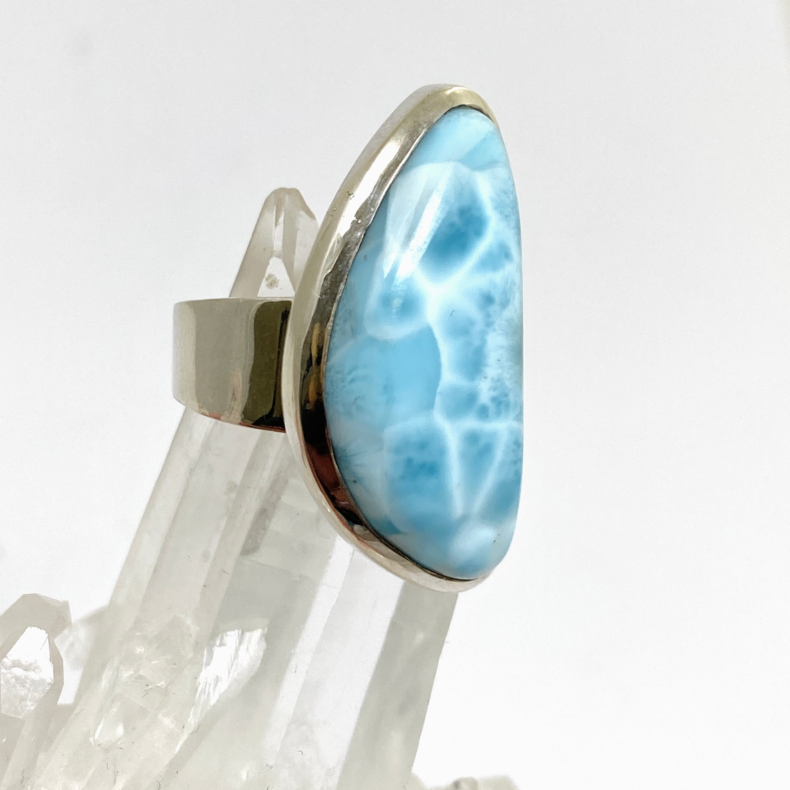 Larimar Freeform Cabochon Ring - Size 7.5 - Handcrafted Sterling Silver Jewelry - Perfect for Boho Fashion, Beach Wedding & Everyday Wear