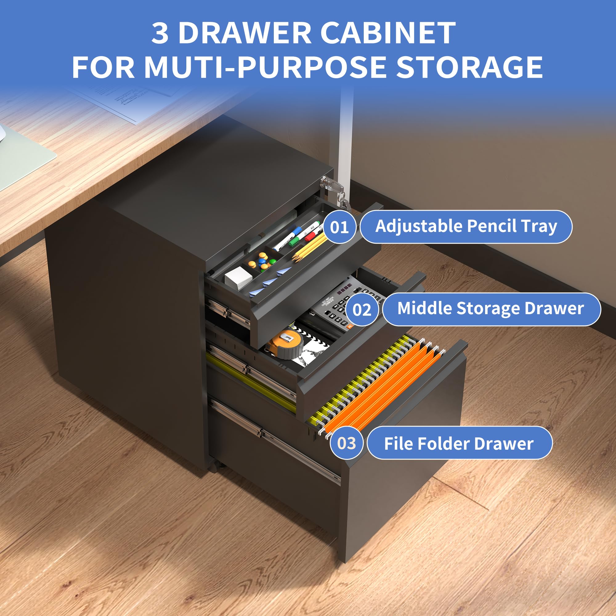 3-Drawer Locking File Cabinet with Wheels - Mobile Under Desk Storage, Fully Assembled Black Office Filing Cabinet for Home & Business Organization