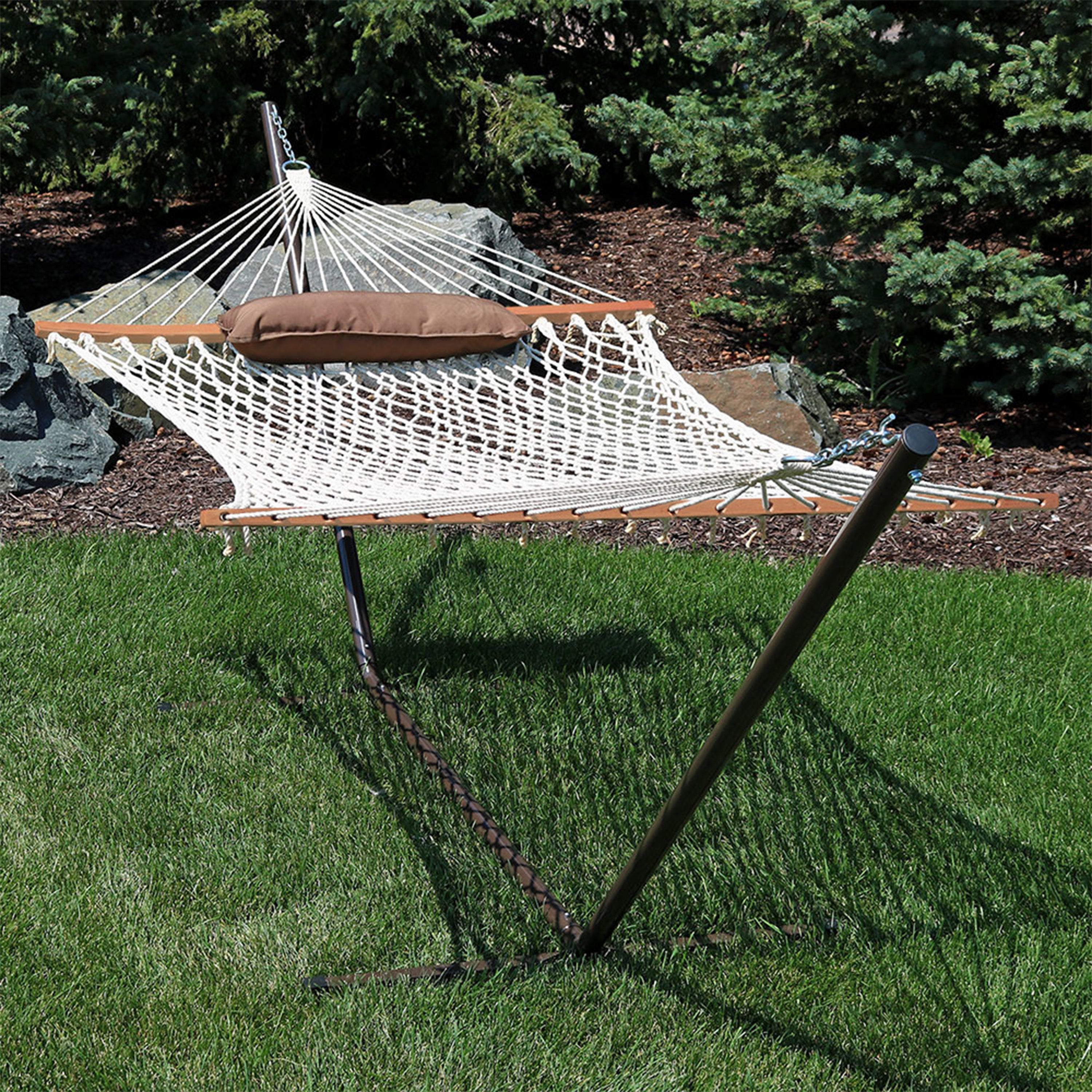 Premium Sunnydaze Rope Hammock with 12-Foot Steel Stand, Comfortable Pad & Pillow - Perfect for Backyard Relaxation, Beach Lounging & Outdoor Camping