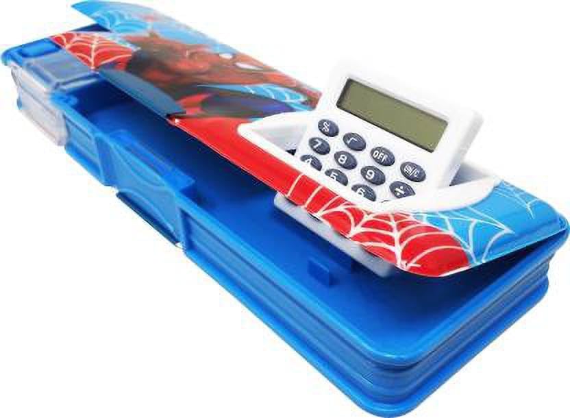DISHVY Avengers Themed Multifunctional Pencil Case with Built-in Calculator & Dual Sharpener - Spiderman Design Plastic School Supply Organizer (Blue, Set of 1) - Perfect for Students, Office & Art Supplies Storage