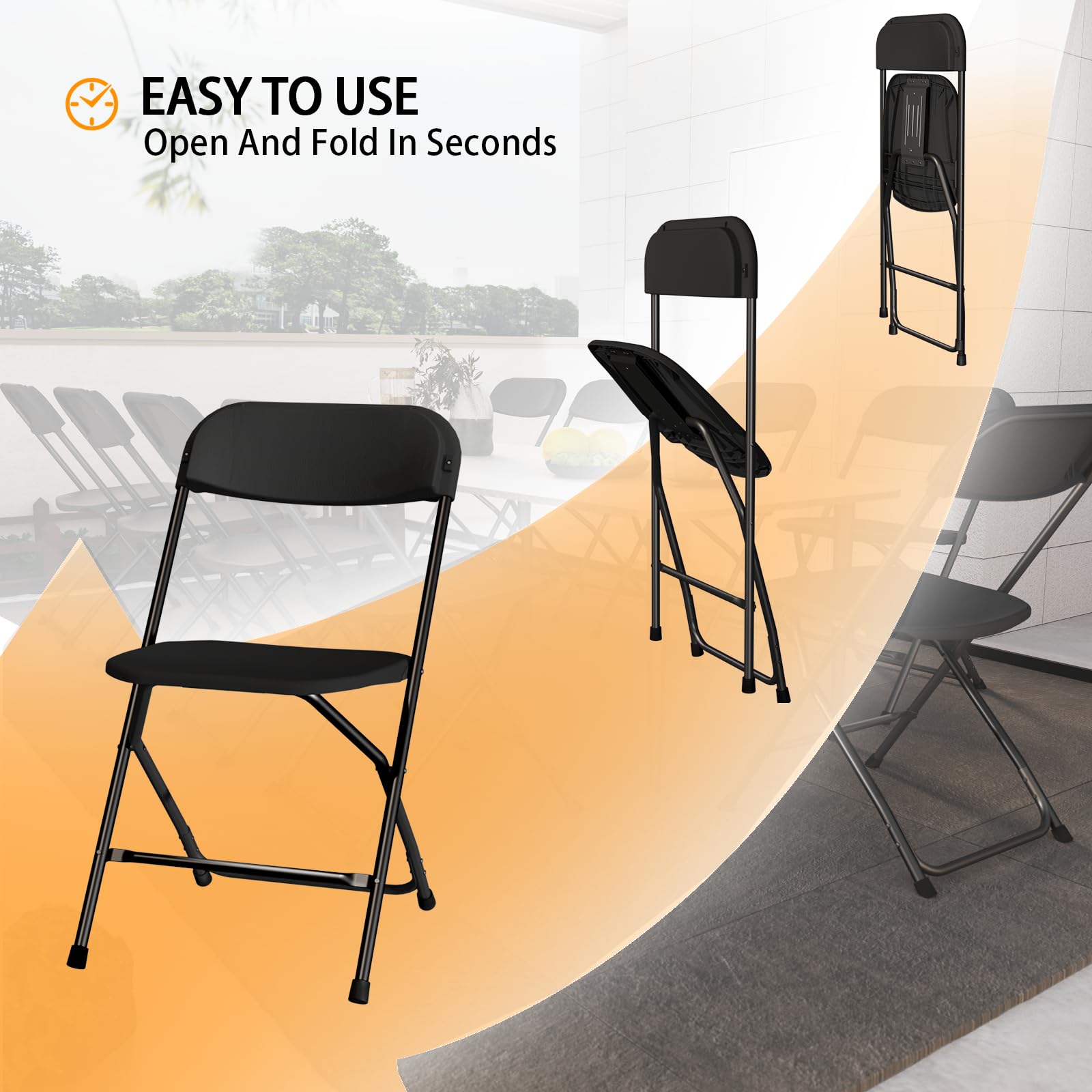 10 Pack Black Folding Chairs - Heavy Duty 350lb Capacity Stackable Plastic Chairs with Steel Frame - Portable Party Chairs for Office, Wedding, Events, Patio & Outdoor Dining - Space Saving Storage Solution