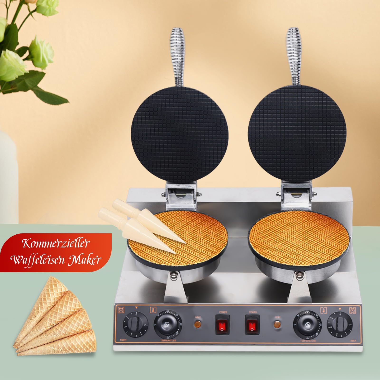 BICKKOMG 110V Commercial Electric Waffle Cone Maker - Stainless Steel Non-Stick Double Head Ice Cream Cone Machine with Egg Roll Mold for Restaurants, Bakeries & Home Use - Perfect for Making Crispy Waffle Cones, Ice Cream Bowls and Sweet Treats