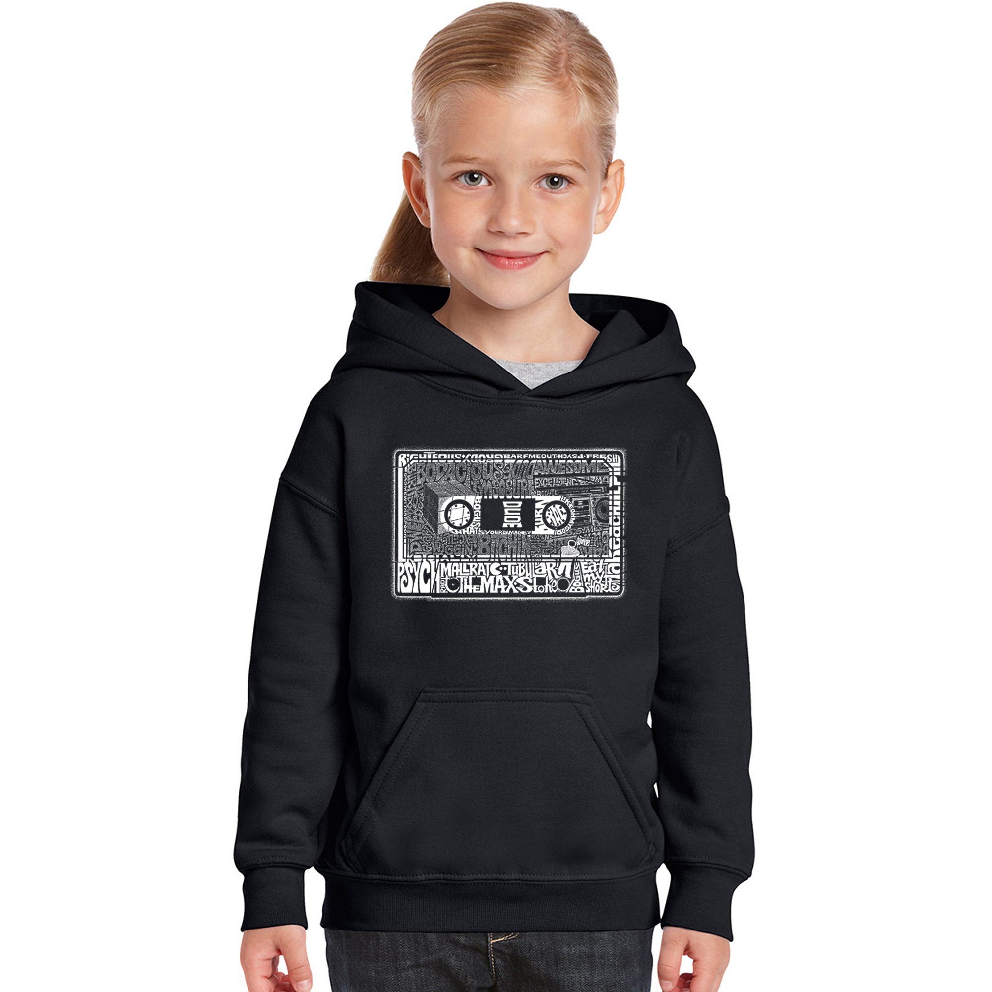 LA POP ART Girl's Word Art Hooded Sweatshirt - Vintage 80s Style Pullover Hoodie for Women | Perfect for Casual Wear, Street Fashion & Retro-Themed Parties