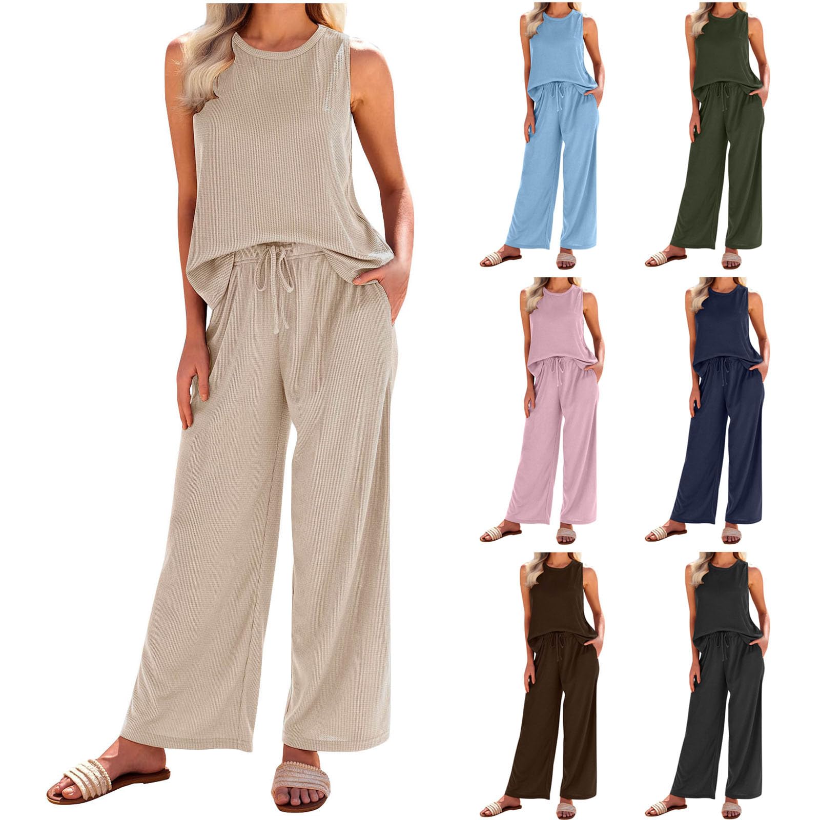 Women's 2-Piece Summer Outfit Set - Sleeveless Waffle Knit Tank Top & Drawstring Wide Leg Pants Casual Lounge Tracksuit for Yoga, Beach, Travel & Everyday Wear