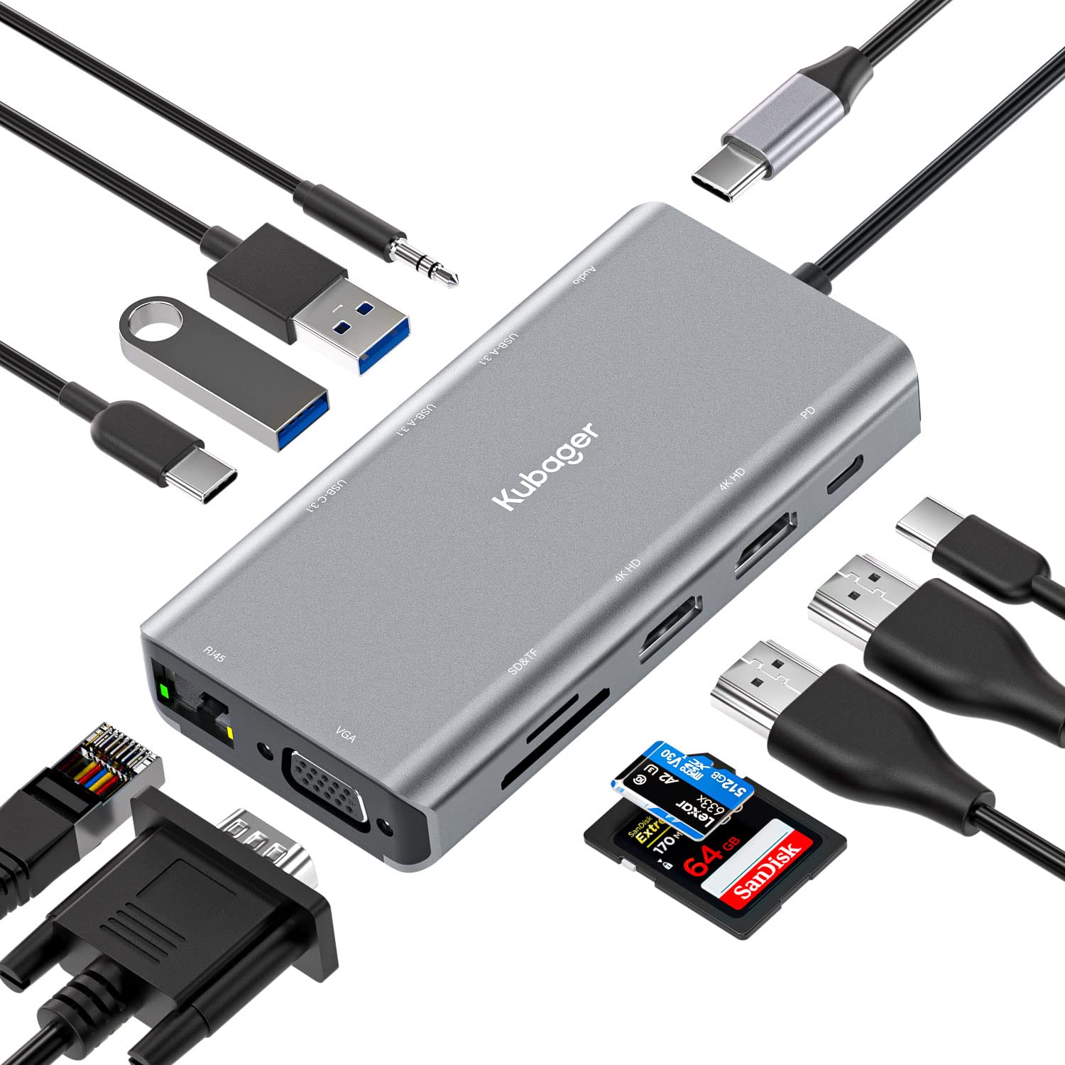 Kubager 11-in-1 USB C Hub with Dual HDMI 4K, VGA, Gigabit Ethernet, 3 USB 3.1 Ports, 100W PD Charging, SD/TF Card Reader - Compatible with MacBook, Dell, HP, Lenovo - Perfect for Home Office, Video Conferencing & Multi-Screen Workstations