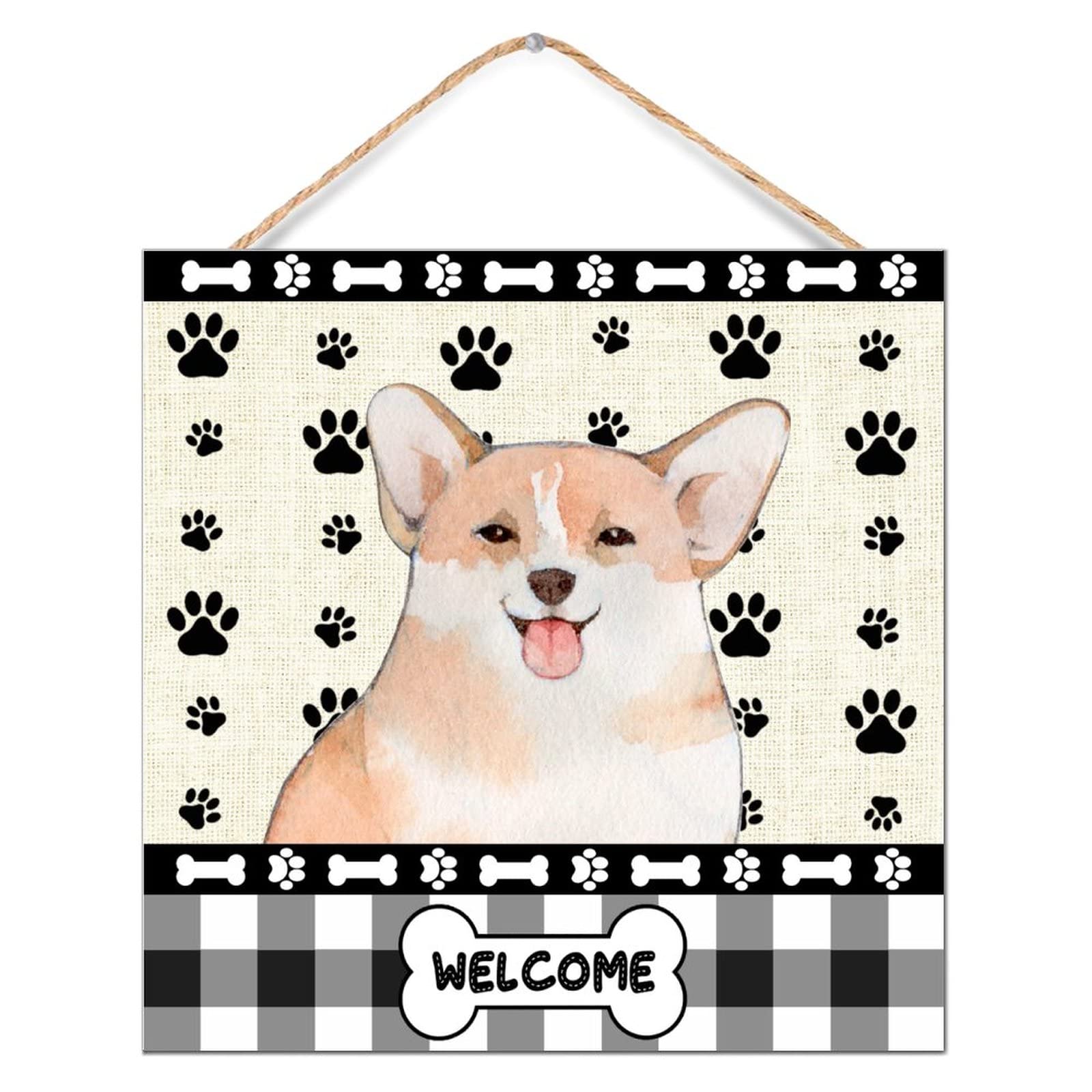 12x12 Inch Rustic Wood Signs - Corgi Dog Paw Welcome Farmhouse Wood Plaque, Handcrafted Wall Art Hanging Sign for Door, Kitchen, Dining Room - Perfect for Home Decor & Country Style Living Spaces