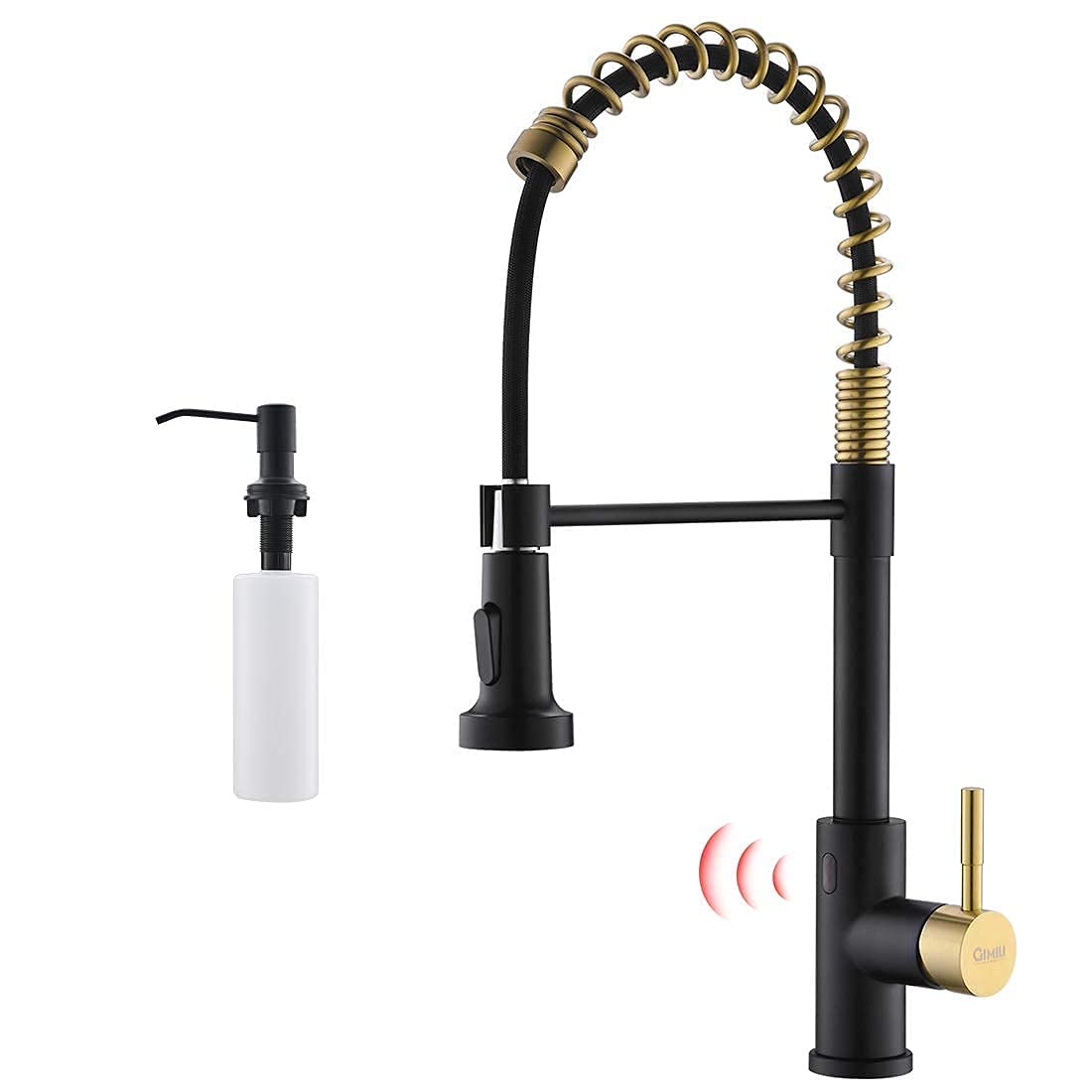 GIMILI Touchless Spring Kitchen Faucet with Soap Dispenser - Matte Black & Gold Finish, Motion Sensor Water Saving Faucet for Modern Home Kitchen Sink