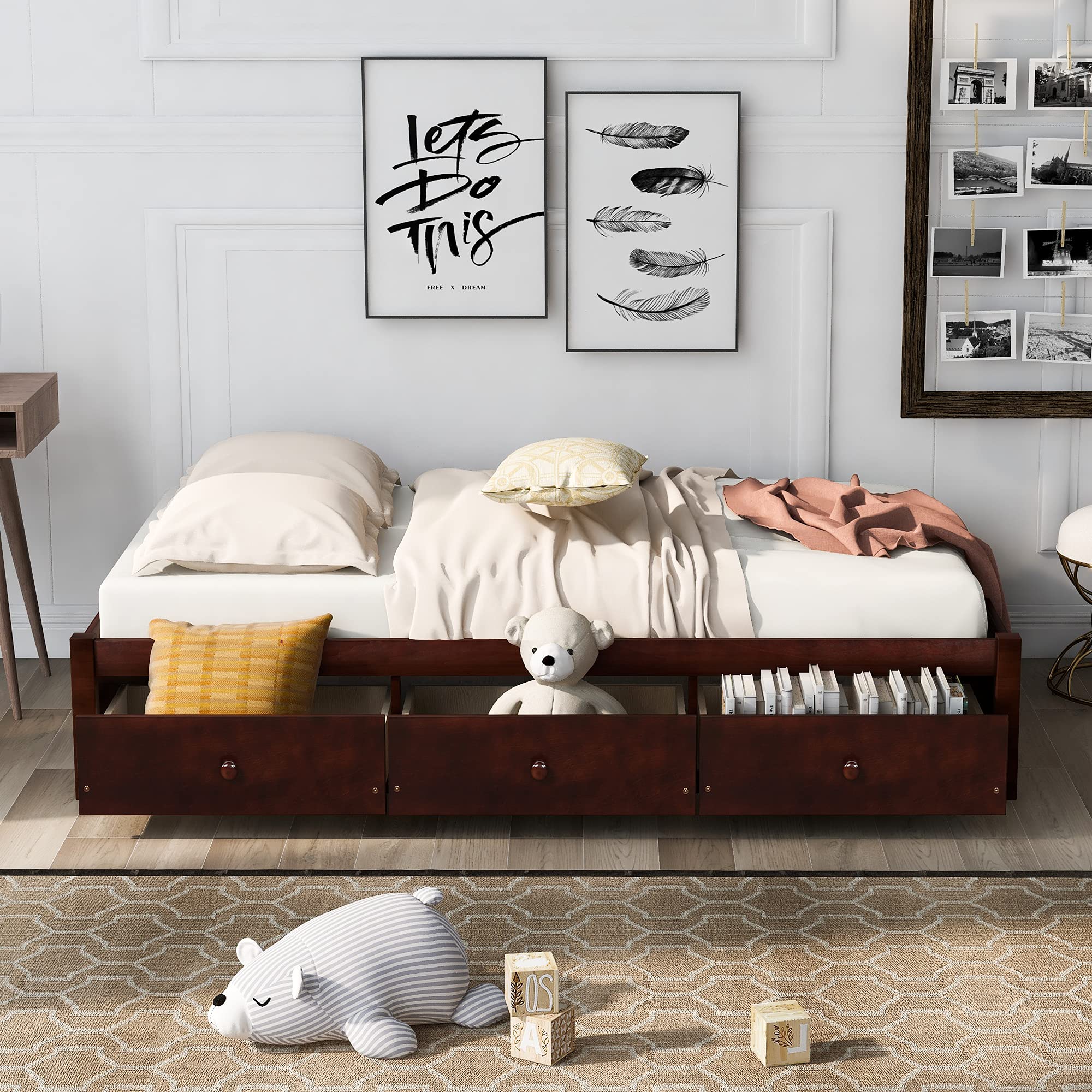 Merax Twin Size Platform Bed with 3 Storage Drawers - Cherry Wood Frame, Space-Saving Storage Bed for Small Bedroom, Dorm Room or Guest Room