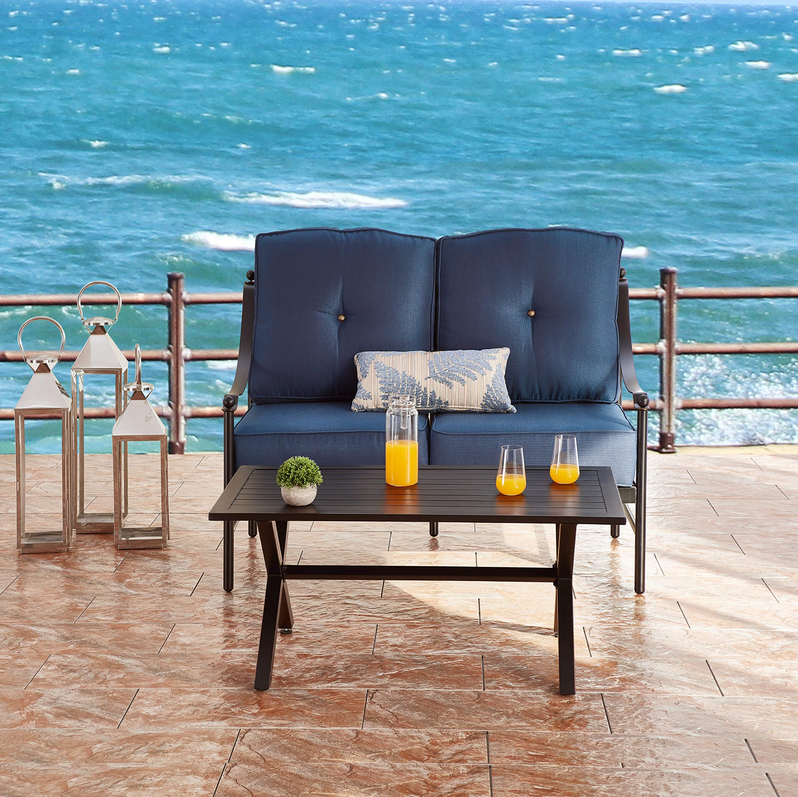 LOKATSE HOME 2-Piece Outdoor Patio Loveseat Set with X-Leg Coffee Table - Waterproof Cushioned Conversation Furniture for Garden, Yard, Porch, Poolside (Blue) | Perfect for Relaxing, Entertaining Guests, and Enjoying Summer Evenings