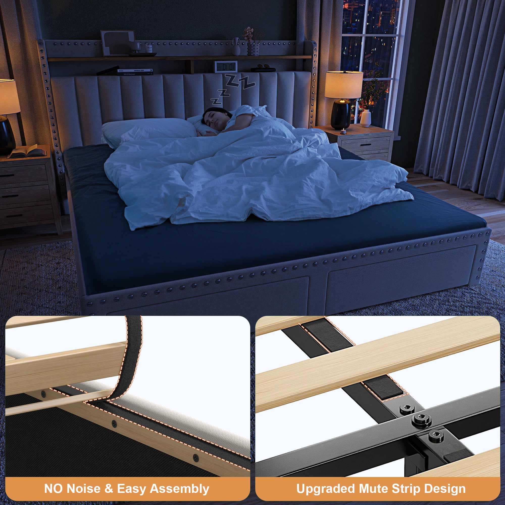EnHomee Upholstered Queen Bed Frame with Headboard & Storage - 2 Drawers, No Noise, No Box Spring Needed - Perfect for Small Bedrooms, Guest Rooms & Modern Apartments