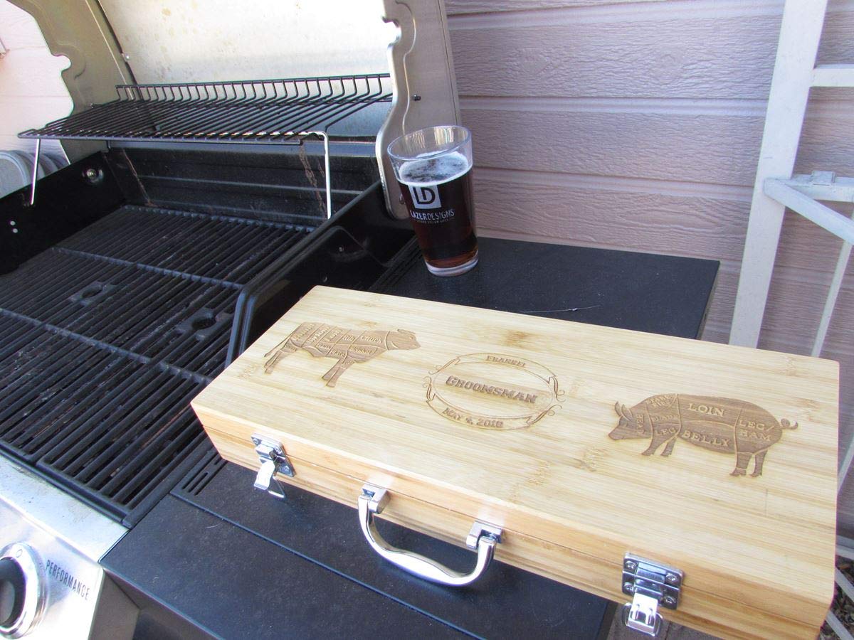 Custom BBQ Grilling Set with 5 Stainless Steel Tools - Personalized Laser Engraved Names & Designs - Perfect Gift for Grill Masters - Ideal for Backyard BBQs, Tailgating & Outdoor Cooking Parties