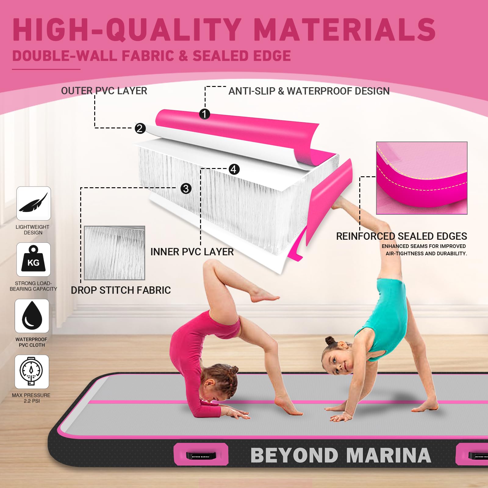 BEYOND MARINA 4/8 Inch Thick Inflatable Air Gymnastics Tumble Track Mat - 10ft/13ft/16ft/20ft Sizes for Home Training, Cheerleading, Yoga & Water Exercises - Includes Electric Pump - Perfect for Indoor/Outdoor Fitness & Kids Play