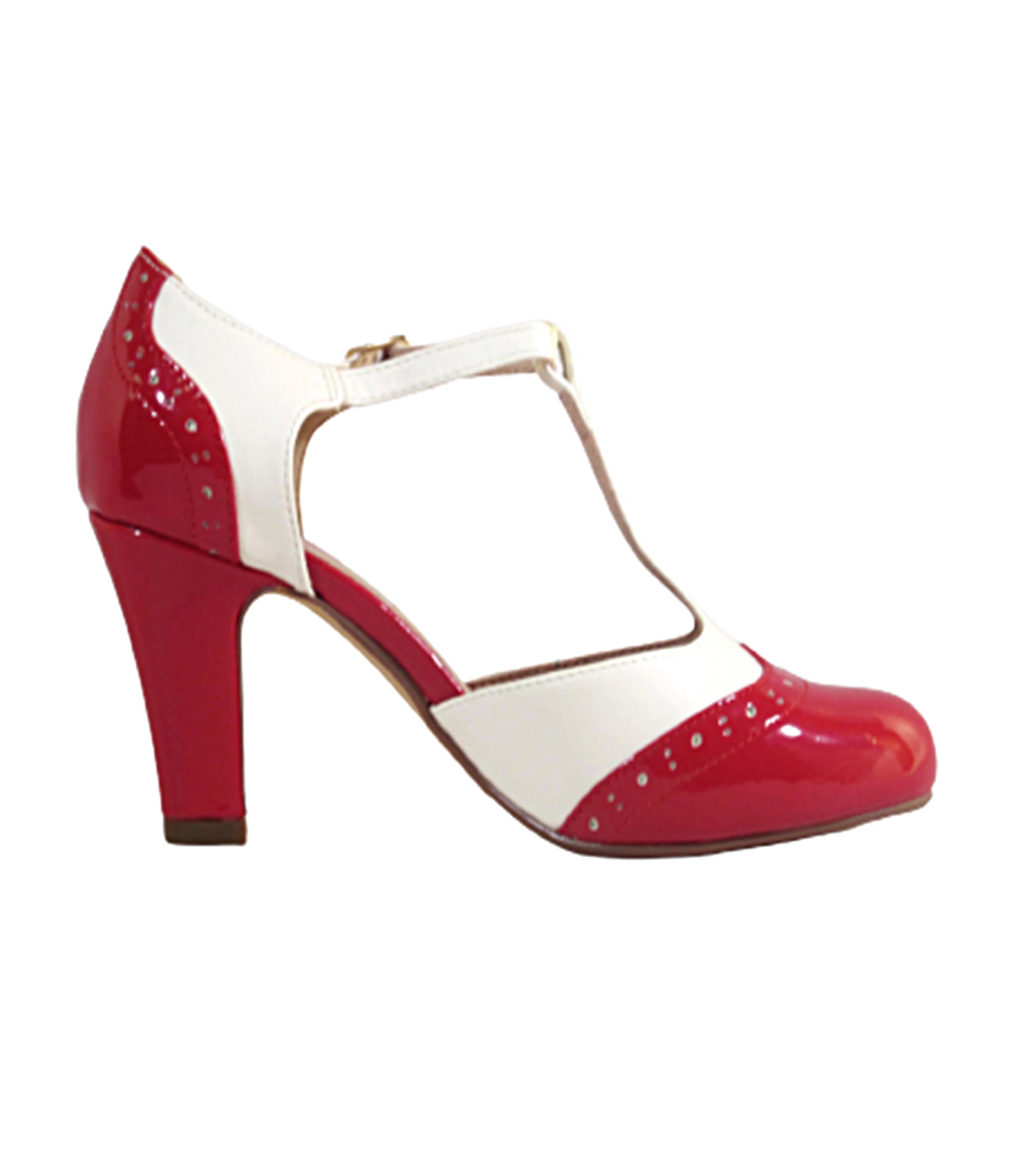 Chelsea Crew Red & White T-Strap Gatsby Heels - Vintage Inspired Women's Dress Shoes for Weddings, Parties & 1920s Themed Events