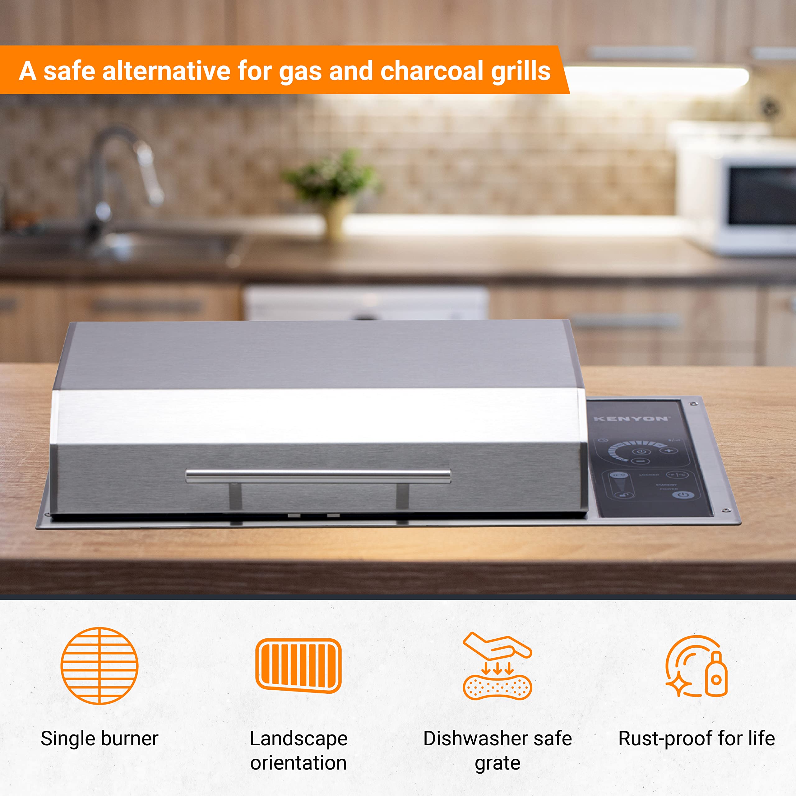 Kenyon Frontier Built-in Electric Grill - Single Burner with IntelliKEN Touch Control, Stainless Steel Rust-Proof Design, UL-Approved for Indoor/Outdoor Use, Dishwasher Safe Grate (240V) - Perfect for Patio BBQs, Outdoor Kitchens & Small Space Cooking