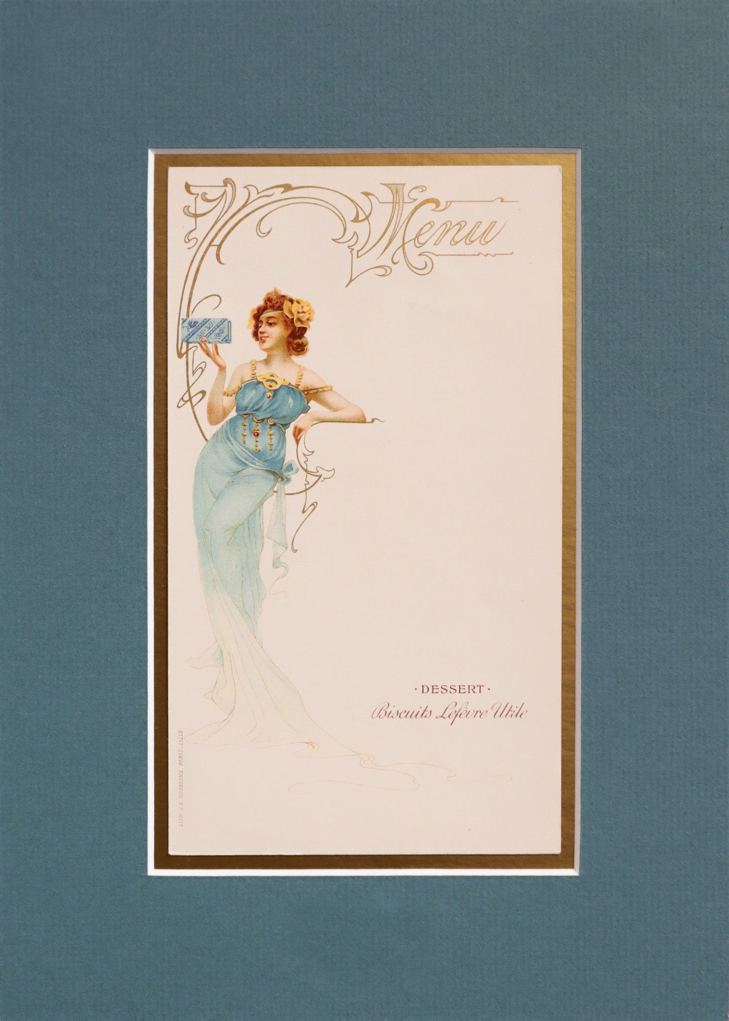 Original 1900 French Advertising Menu - Vintage Woman in Blue Dress Holding Blue Box - Antique Collectible for Home Decor & Historical Displays