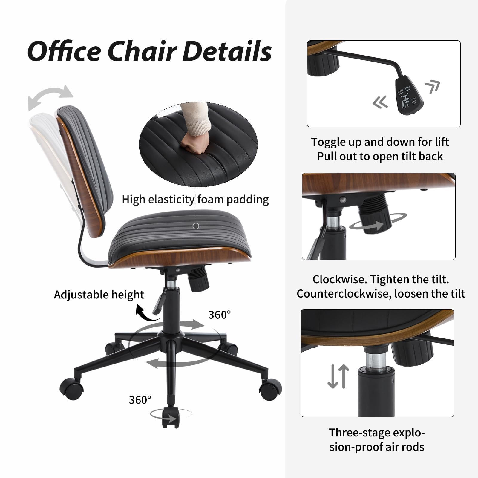 Ergonomic Small Home Office Chair - Armless Mid Back Desk Chair with 360° Swivel Wheels, PU Leather Upholstery & Height Adjustment - Modern Walnut Computer Chair for Home Office, Study Room or Conference Room - Black - Perfect for Remote Work, Online Meetings & Long Working Hours