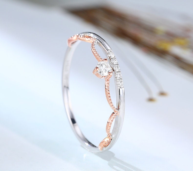 Vintage Art Deco Women's Wedding Ring - 14K Two-Tone Gold Diamond & Moissanite Stackable Band for Bridal, Anniversary & Promise Rings | Perfect for Engagement, Vow Renewal & Special Occasions