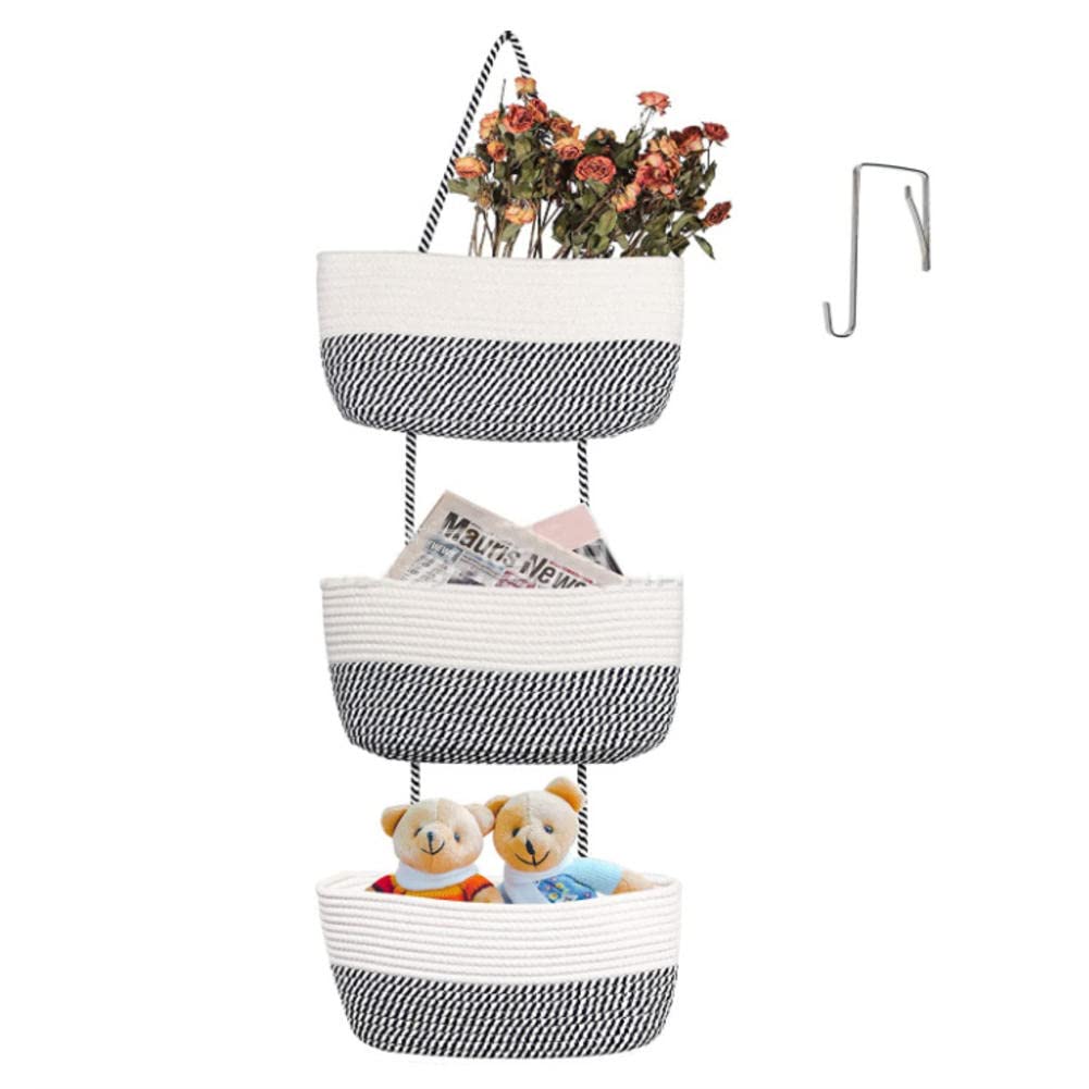 SAXTZDS 3-Tier Wall Mounted Storage Basket with Hooks - Space Saving Organizer for Bedroom, Bathroom & Living Room - Perfect for Towels, Toys, Magazines & Home Decor