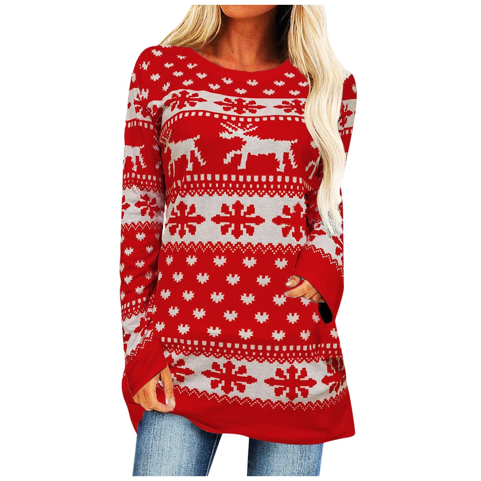 Festive Women's Christmas Shirts - Sparkling Sequined Reindeer & Plaid Print Flowy Tunic Tops with Pockets, Loose Fit Long Sleeve Blouse for Holiday Parties, Family Gatherings & Winter Celebrations