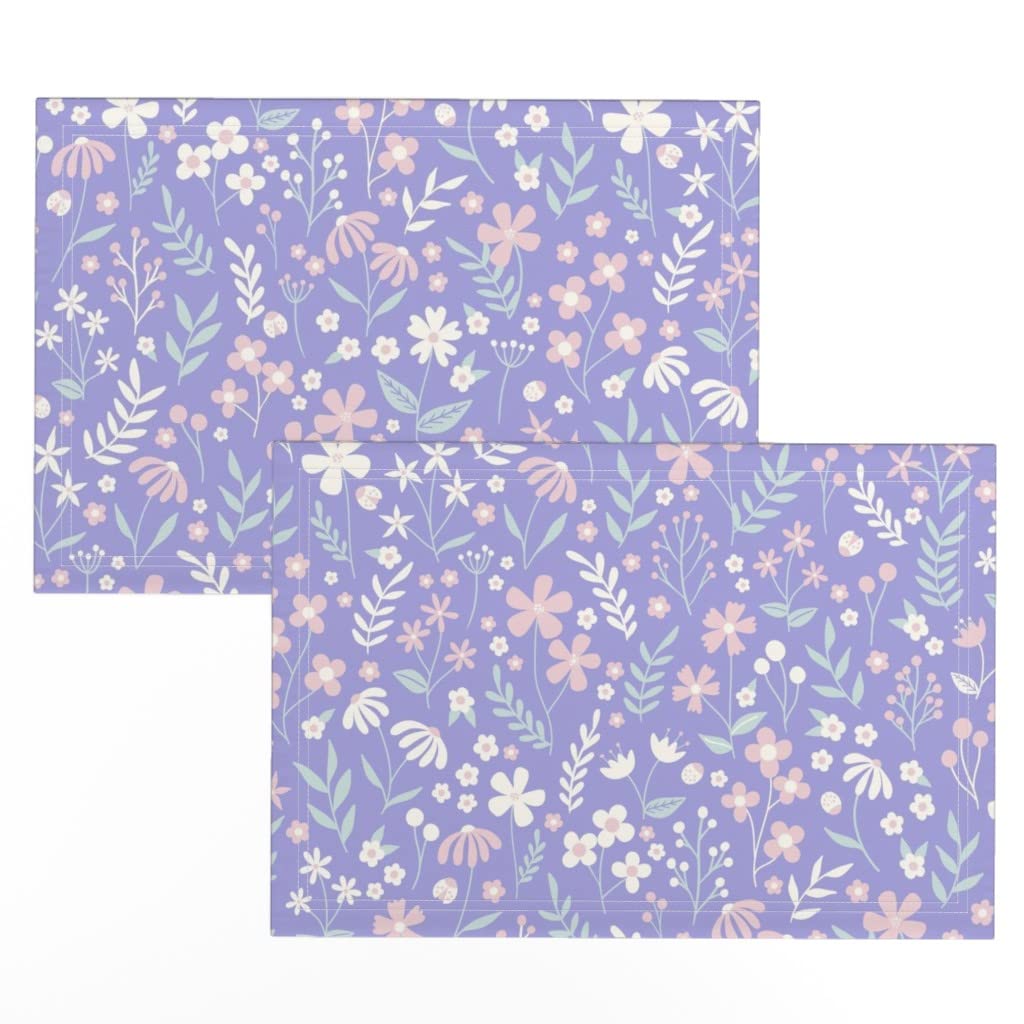 Spring Meadow Floral Printed Linen Cotton Canvas Placemats (Set of 2) - Pastel Lilac Bloom Design for Dining Table Decor, Kitchen Table Setting & Home Entertaining