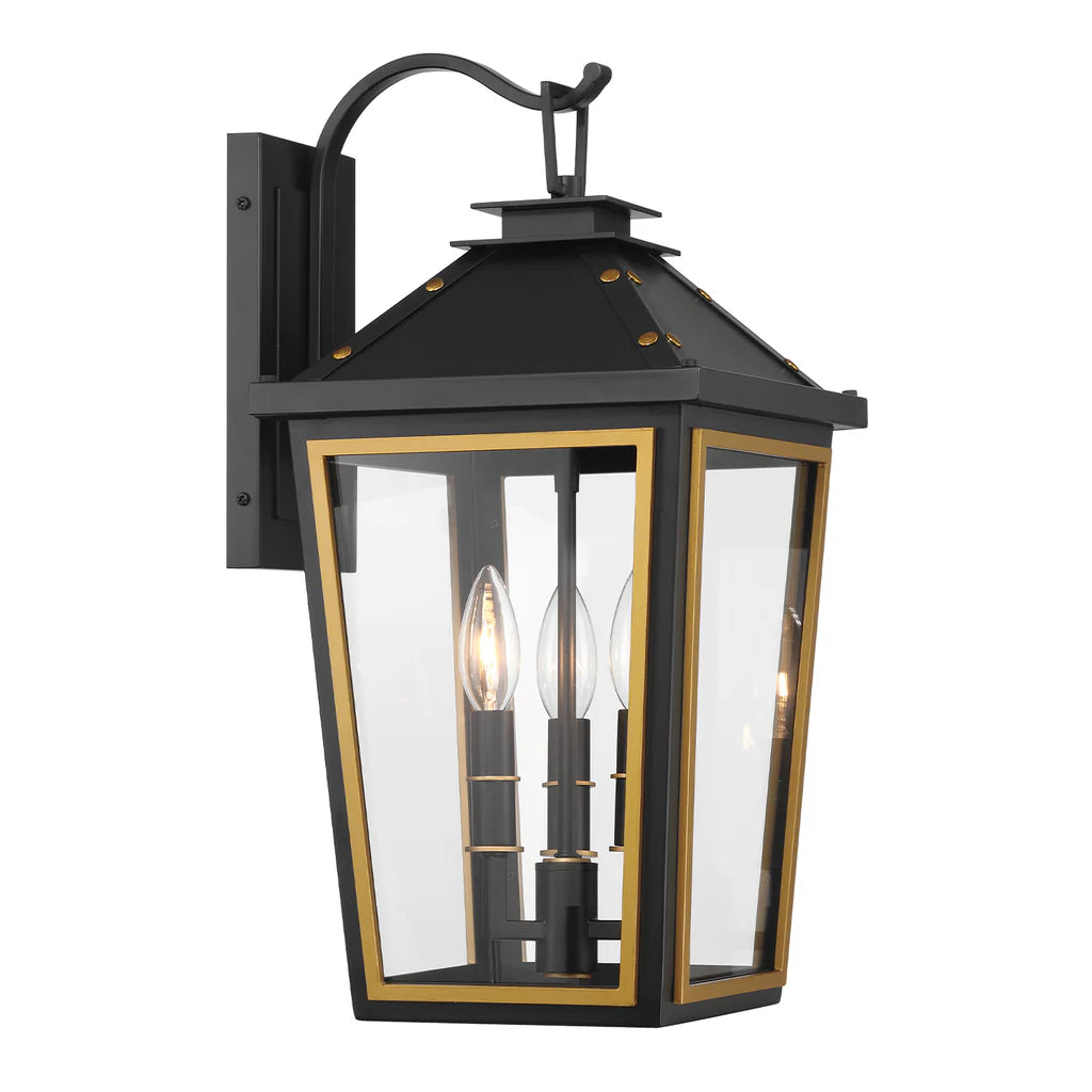 Stainless Steel & Glass Outdoor Wall Sconce - 3 Light Matte Black with Gold Finish, 9.5x19.5 Inches, 120V E12 Candelabra Base LED Compatible - Perfect for Patio, Garden, Porch, and Exterior Wall Lighting