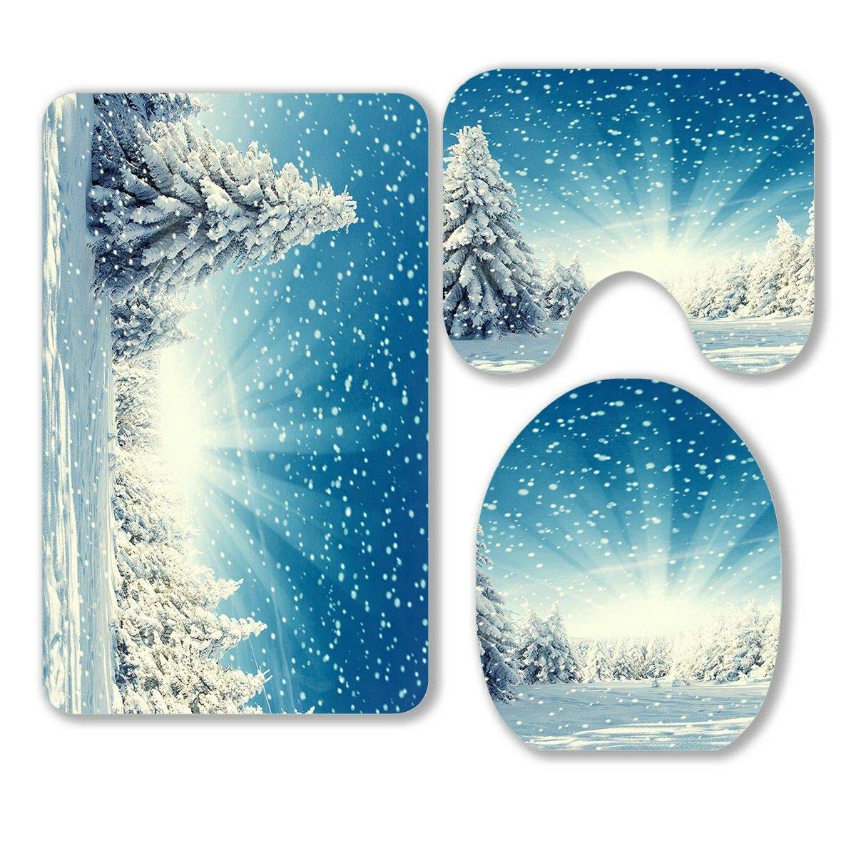 ECZJNT Winter Landscape Snowfall Sunlight Blue Sky 3-Piece Bathroom Rug Set - Non-Slip Bath Mat, Contour Mat & Toilet Lid Cover - Cozy Snowflake Design for Winter Home Decor, Perfect for Bathroom, Powder Room & Guest Bath
