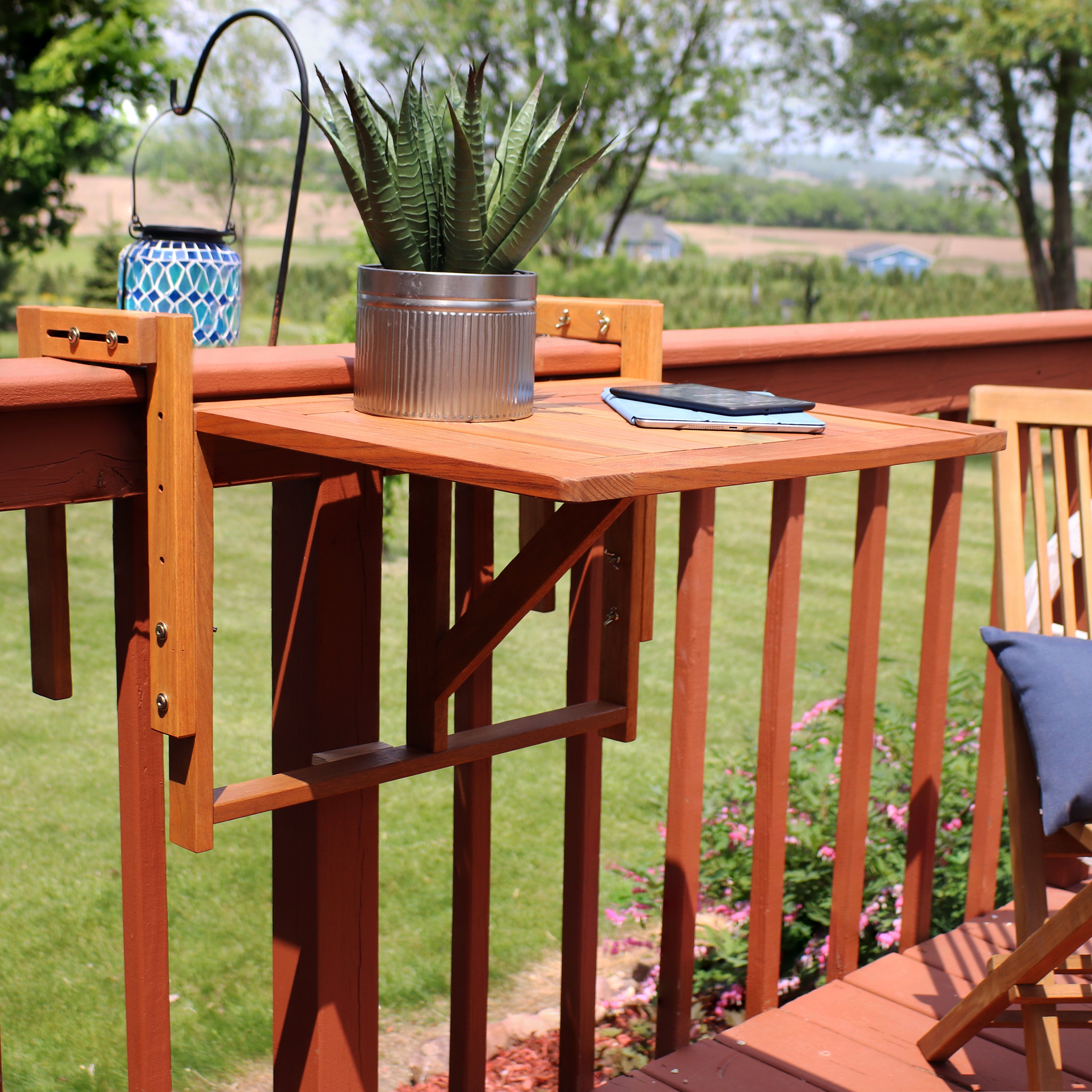 Sunnydaze Meranti Wood Folding Balcony Railing Table - Outdoor Patio Bistro Dining & Coffee Side Table for Small Spaces