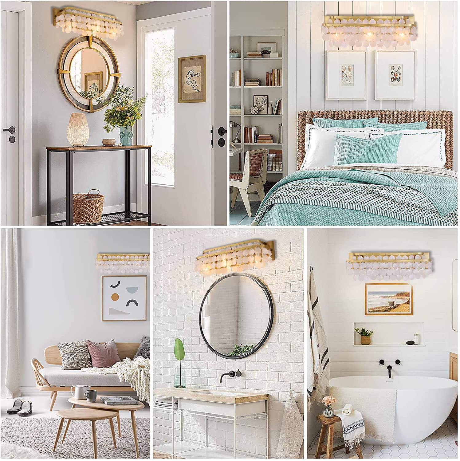 TOCHIC 3-Light Vanity Mirror Light with Natural Capiz Shell Shade, Brushed Gold Dimmable Bathroom Lighting Fixture - Modern Wall Sconce for Makeup Vanity, Powder Room, Bedroom & Living Room (23 Inch Wide) | Perfect for Soft Ambient Lighting & Elegant Home Decor