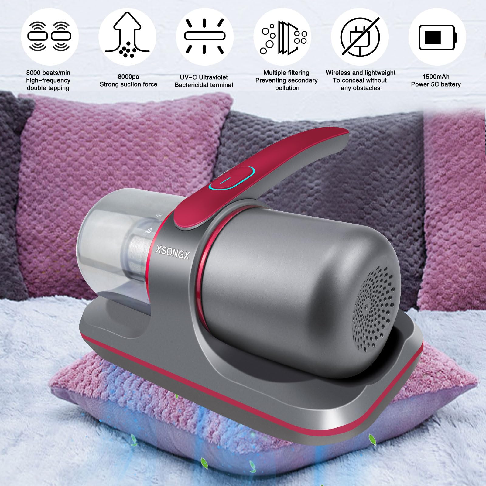 Blue UV Sanitizer & Cordless Vacuum Cleaner - Handheld UV Mattress Cleaner for Deep Cleaning Sheets, Pet Hair, Fabric Sofa | Portable for Home, Bedroom, Couch & Car Interior Care