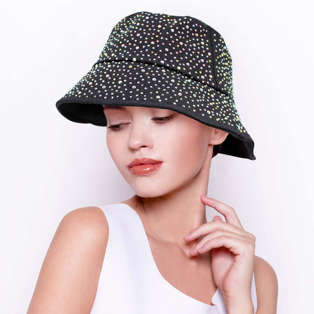 Stylish Black Bling Bucket Hat for Women - Trendy High Fashion Sun Hat for Outdoor, Beach, and Streetwear