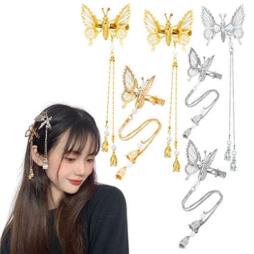 3D Butterfly Tassel Hair Clips - Gold & Silver Metal Hair Barrettes for Women & Girls (6PCS) - Fashionable Hairpins & Decorative Hair Accessories for Parties, Weddings & Everyday Wear