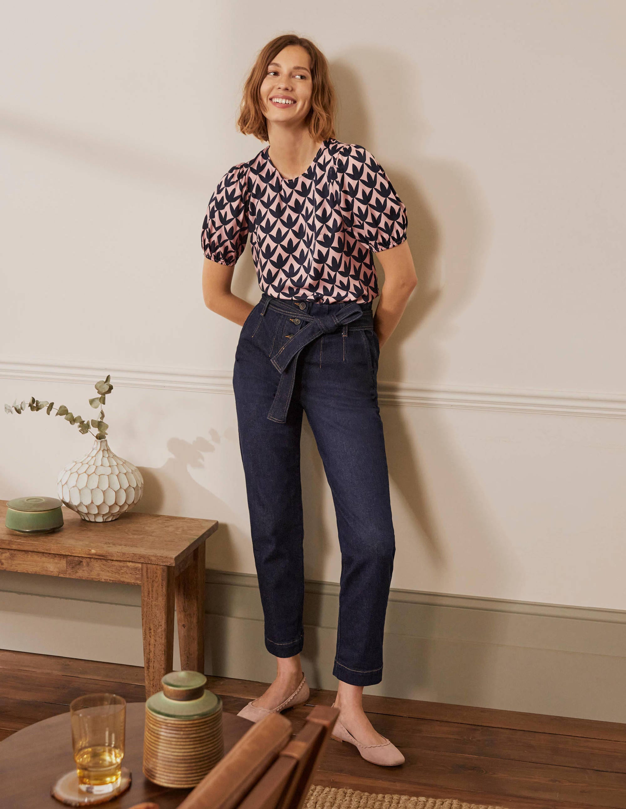 Adriana Puff Sleeve Blouse in Milkshake Color with Petal Geo Print - Perfect for Spring Outfits, Date Nights & Office Wear
